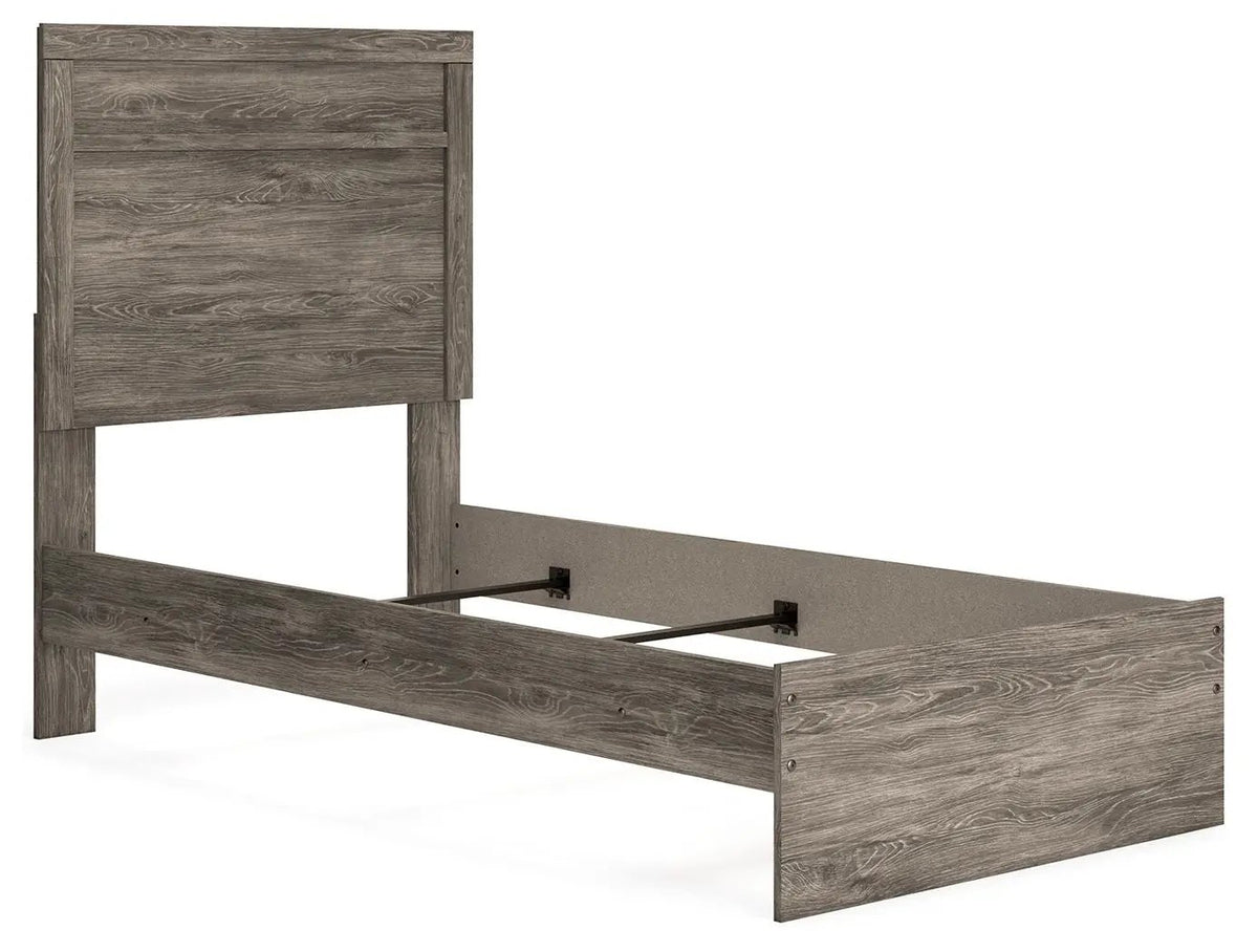 Ralinksi Panel Bed | Rustic Warm Gray Finish | Replicated Oak Grain | Pewter Handles