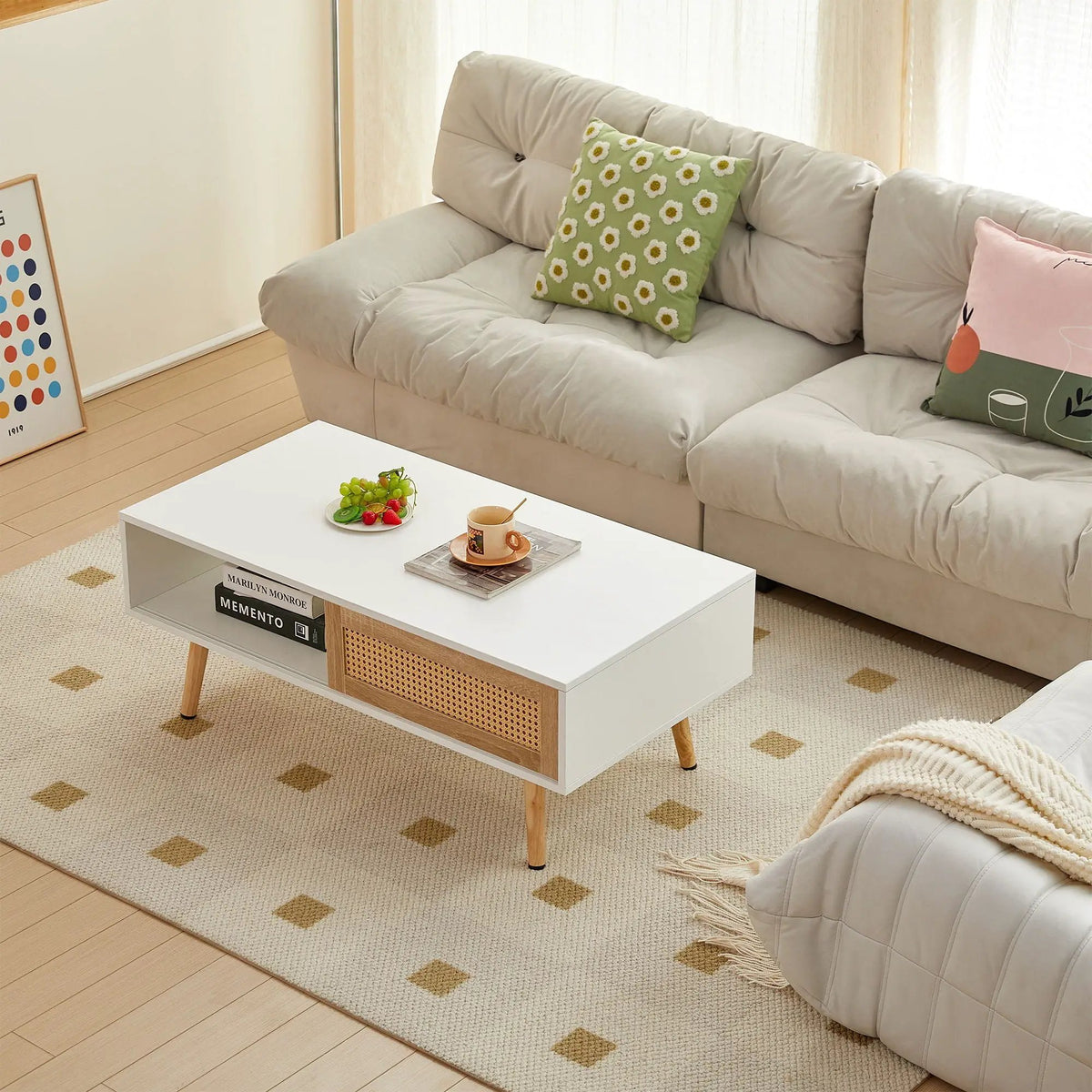 Rattan Coffee Table | 41.34 Inch Width | Sliding Storage Door | Solid Wood Legs