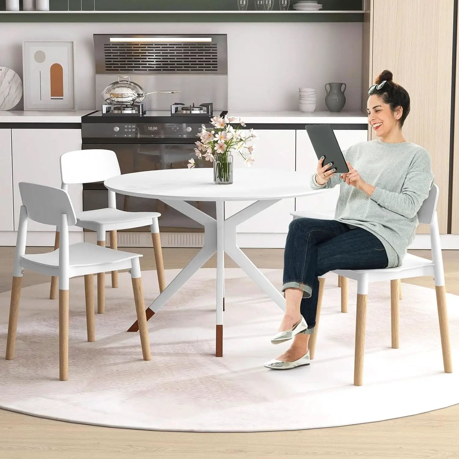 White Wooden Dining Chairs Set of 4 With Ergonomic Backrest from PriceLows™