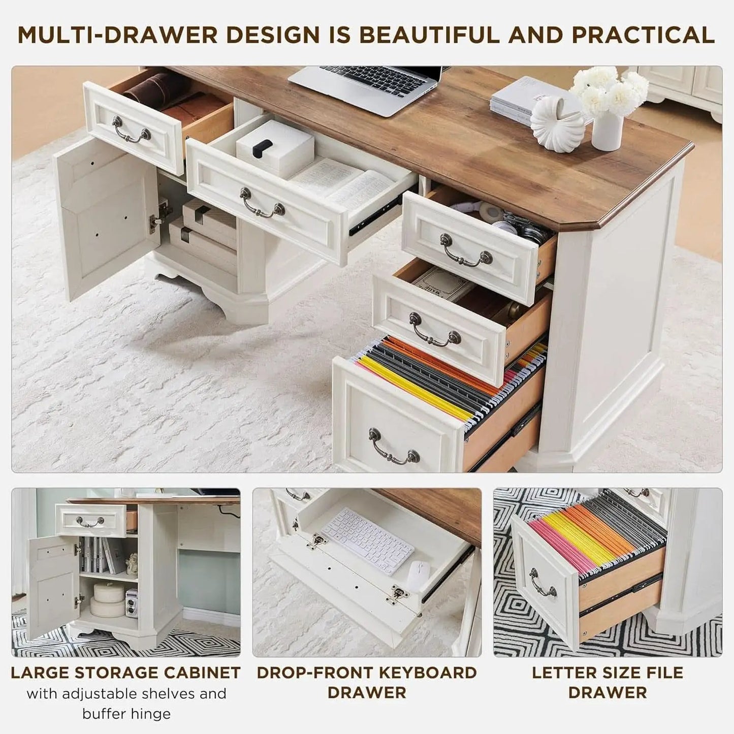 59 Victorian Farmhouse Executive Desk Antique White from PriceLows™