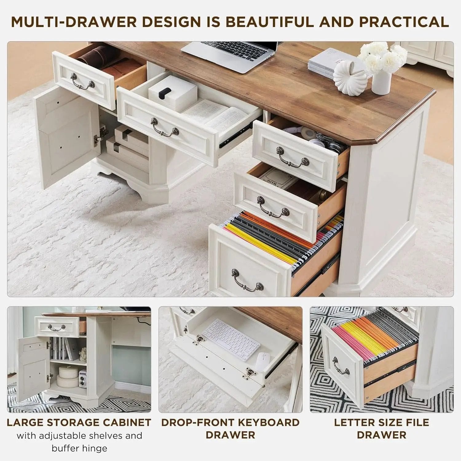 59 Victorian Farmhouse Executive Desk Antique White from PriceLows™