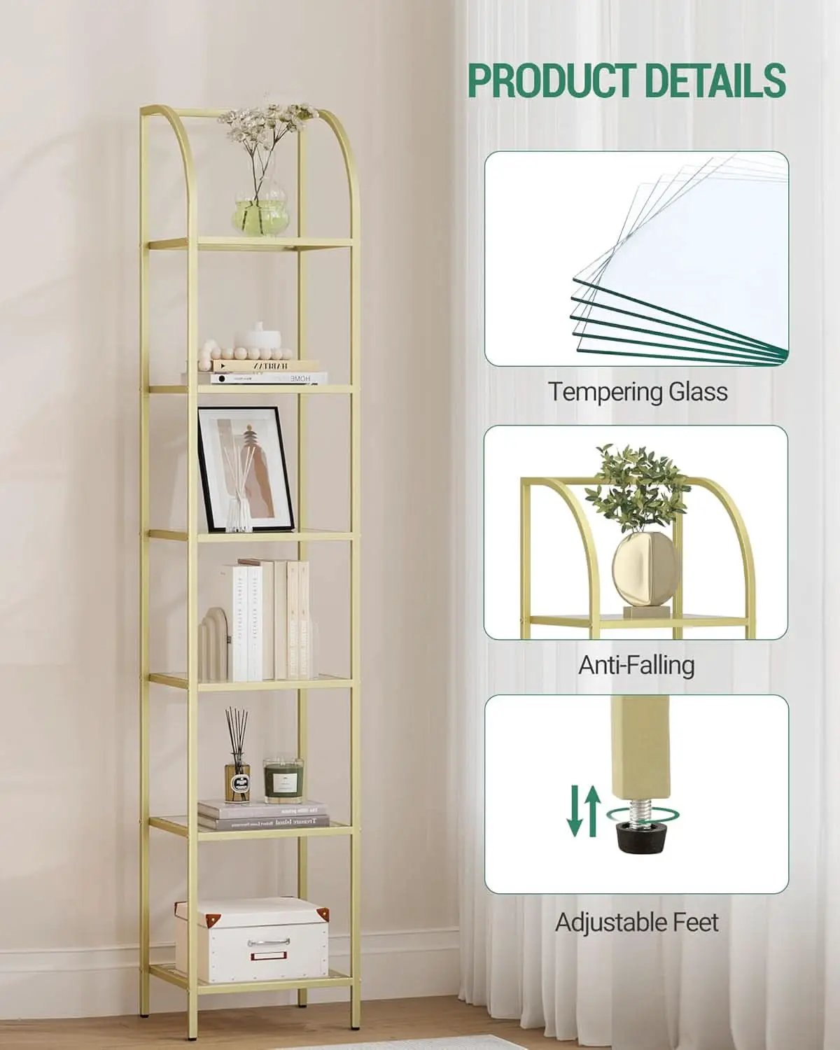 Bookcase Bookshelf 6 Tier Gold Tempered Glass Arched Top from PriceLows™