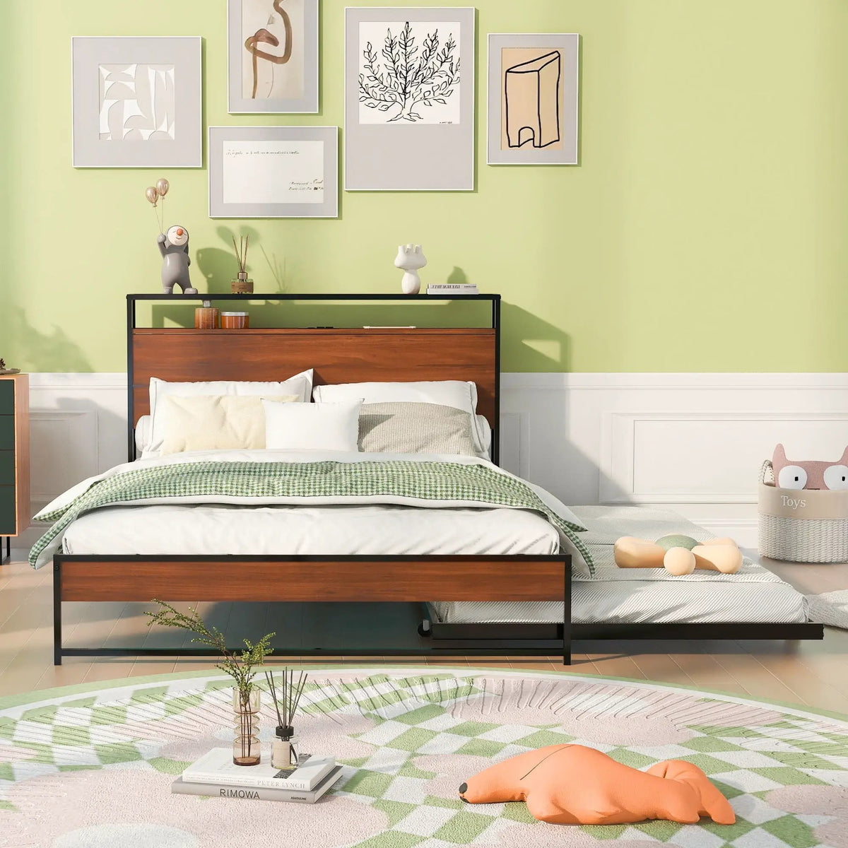 Platform Bed Frame With Trundle | USB Ports | Slat Support | Metal And Wood Build