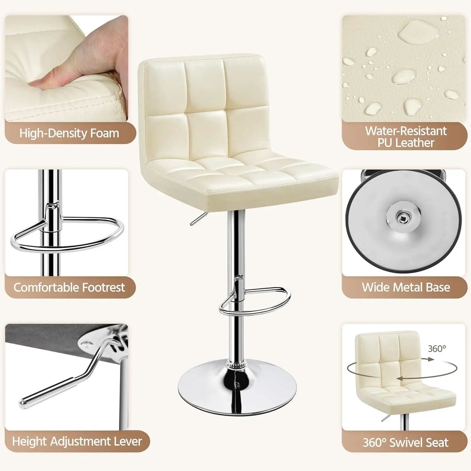 Beige Adjustable PU Leather Swivel Bar Stools Set Of 2 from PriceLows™