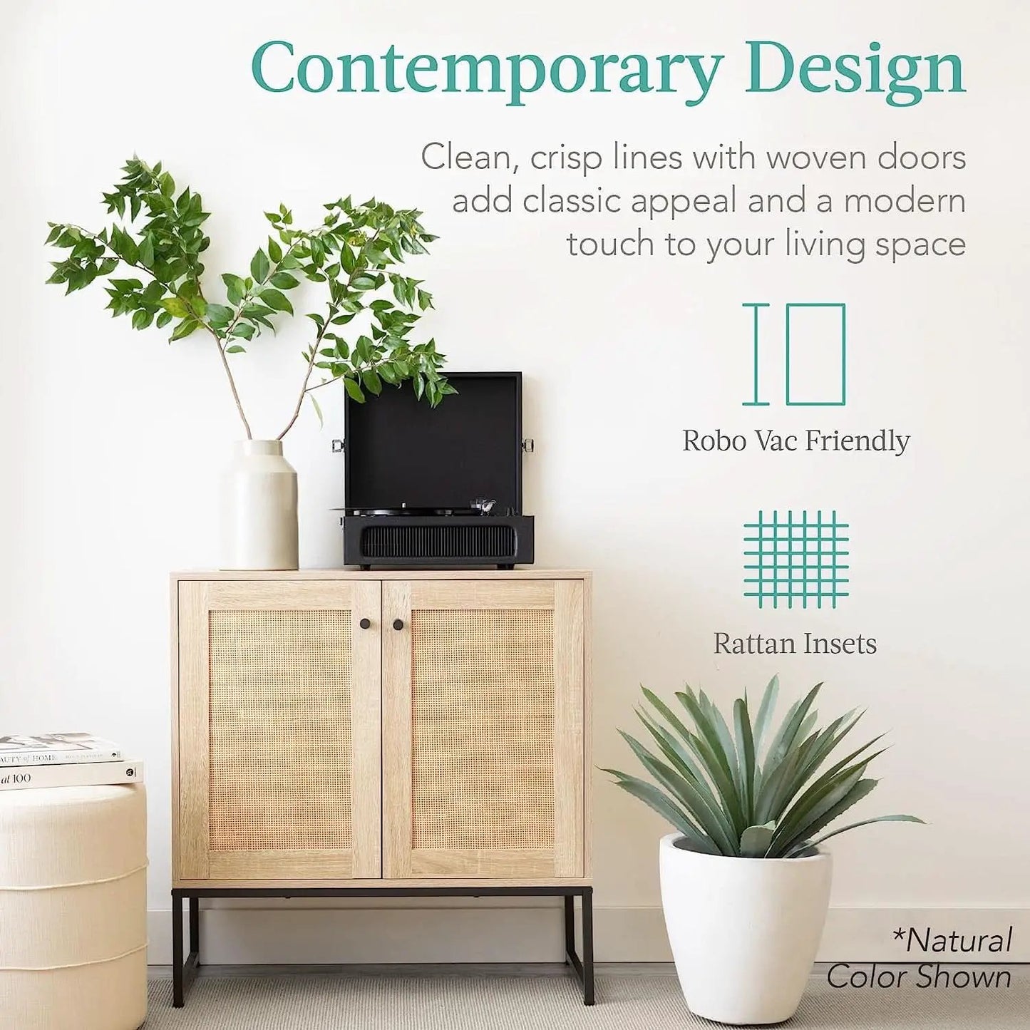 Two Door Rattan Storage Cabinet Natural Finish With Non Scratch Foot Pads For Living Room Hallway Kitchen from PriceLows™