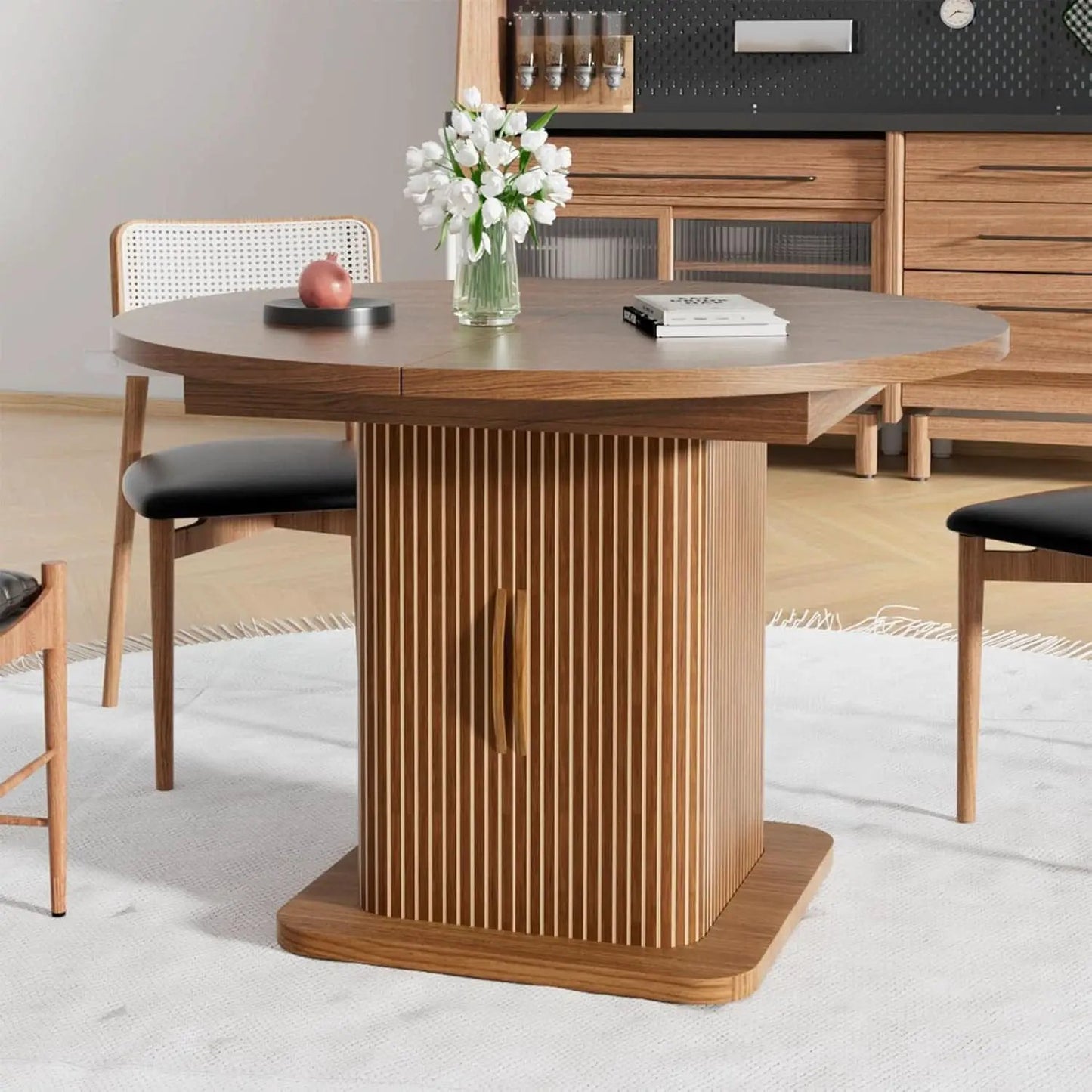 Extendable Round Dining Table 59 Inch Walnut Modern from PriceLows™