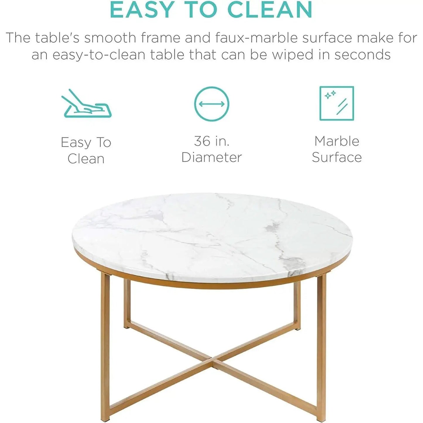 Round Coffee Table With Faux Marble Top Cross Leg Design from PriceLows™