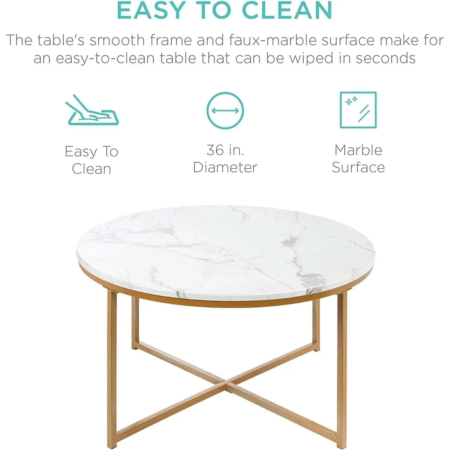 Round Coffee Table With Faux Marble Top Cross Leg Design from PriceLows™