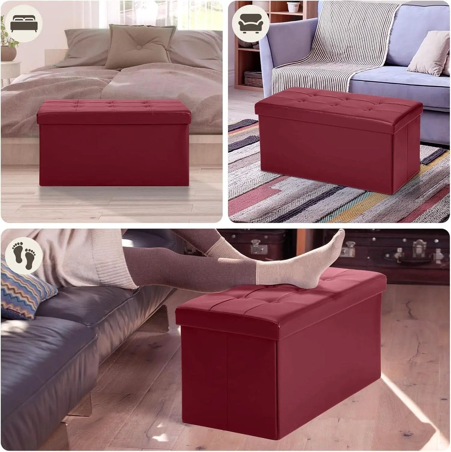Ottoman Storage Bench 30x15x15 Inches Burgundy Leather from PriceLows™