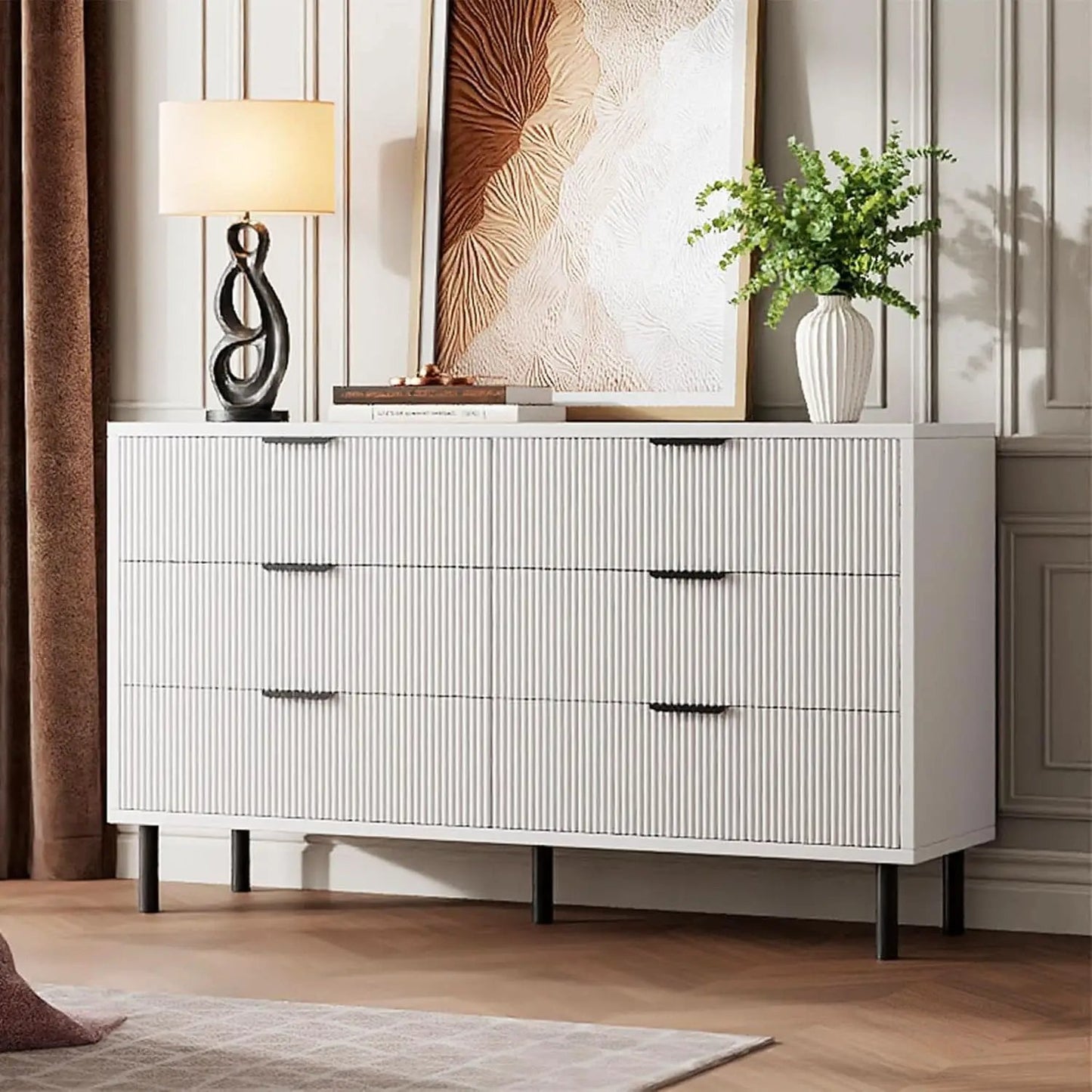 White Fluted Contemporary Dresser With Stainless Legs from PriceLows™