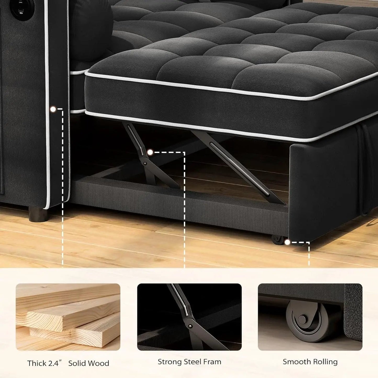 Charcoal Velvet Multifunctional Sleeper Sofa Bed USB from PriceLows™
