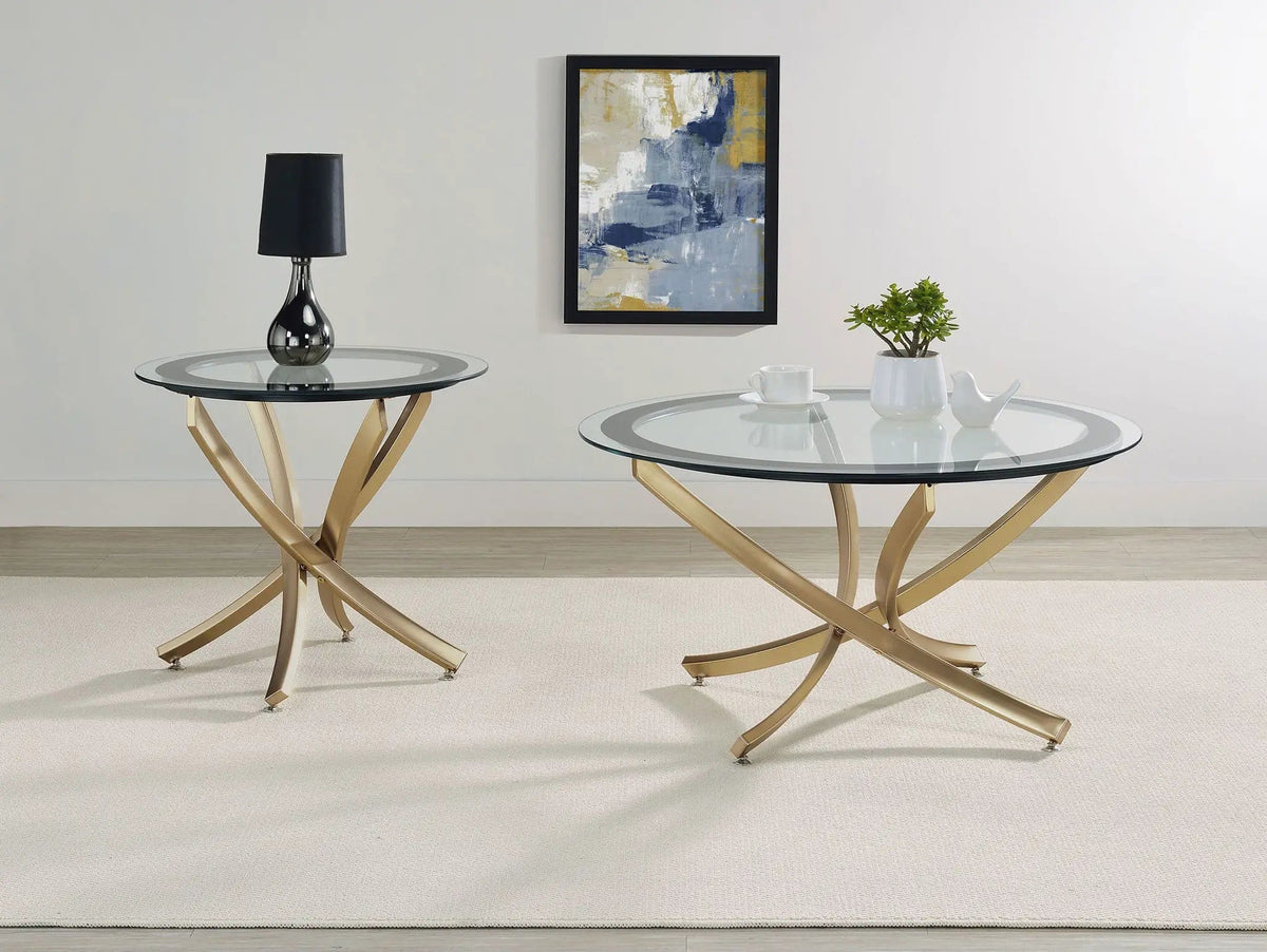 Brooke 2-piece Round Coffee and End Table Set | 2-Piece Set | Tempered Glass & Metal | Rose Brass