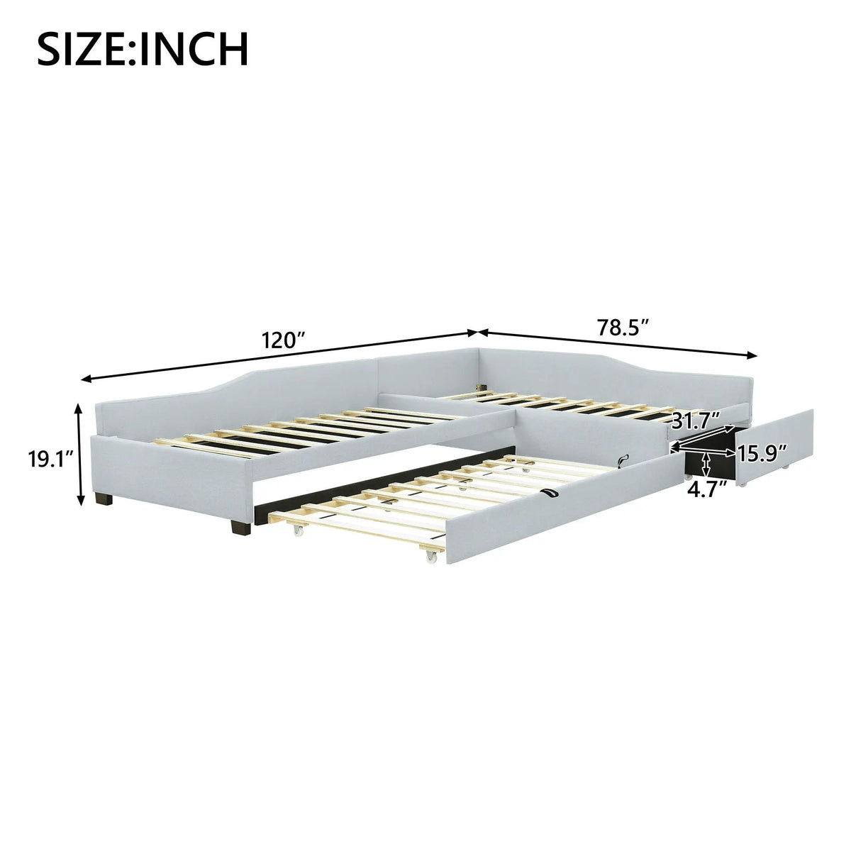 Upholstered Double Daybed | Trundle And Drawer | Two Twin Beds | 120 Inch Length