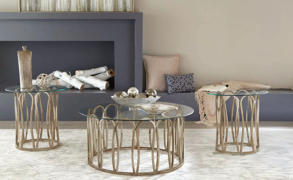 Monett 3-piece Coffee and End Table Set Chocolate Chrome | 3-Piece Set | Tempered Glass & Metal | Dining Room