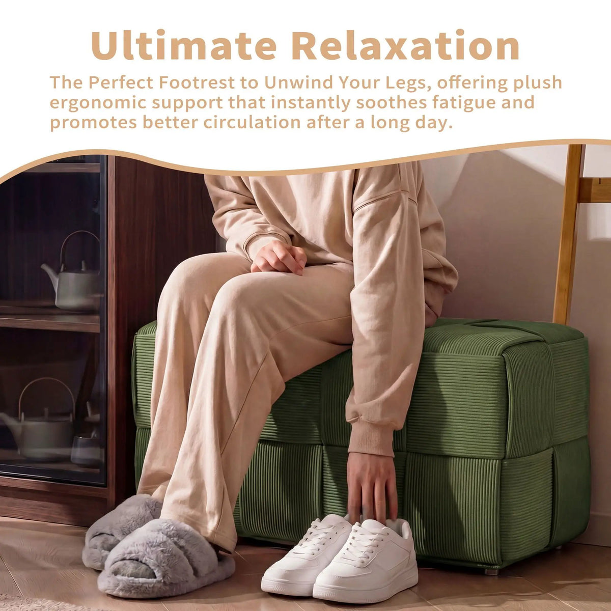 Modern Ottoman Foot Rest | Woven Design | Engineered Wood Frame | 14.2 Inch Cube