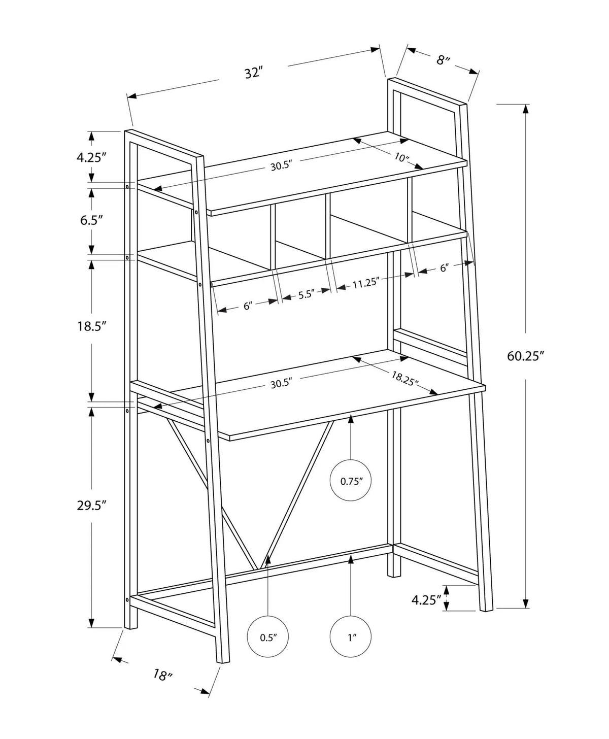 White Leaning Computer Desk | 60.25 Inch Height | 3 Ladder-Style Shelves | Spacious Top