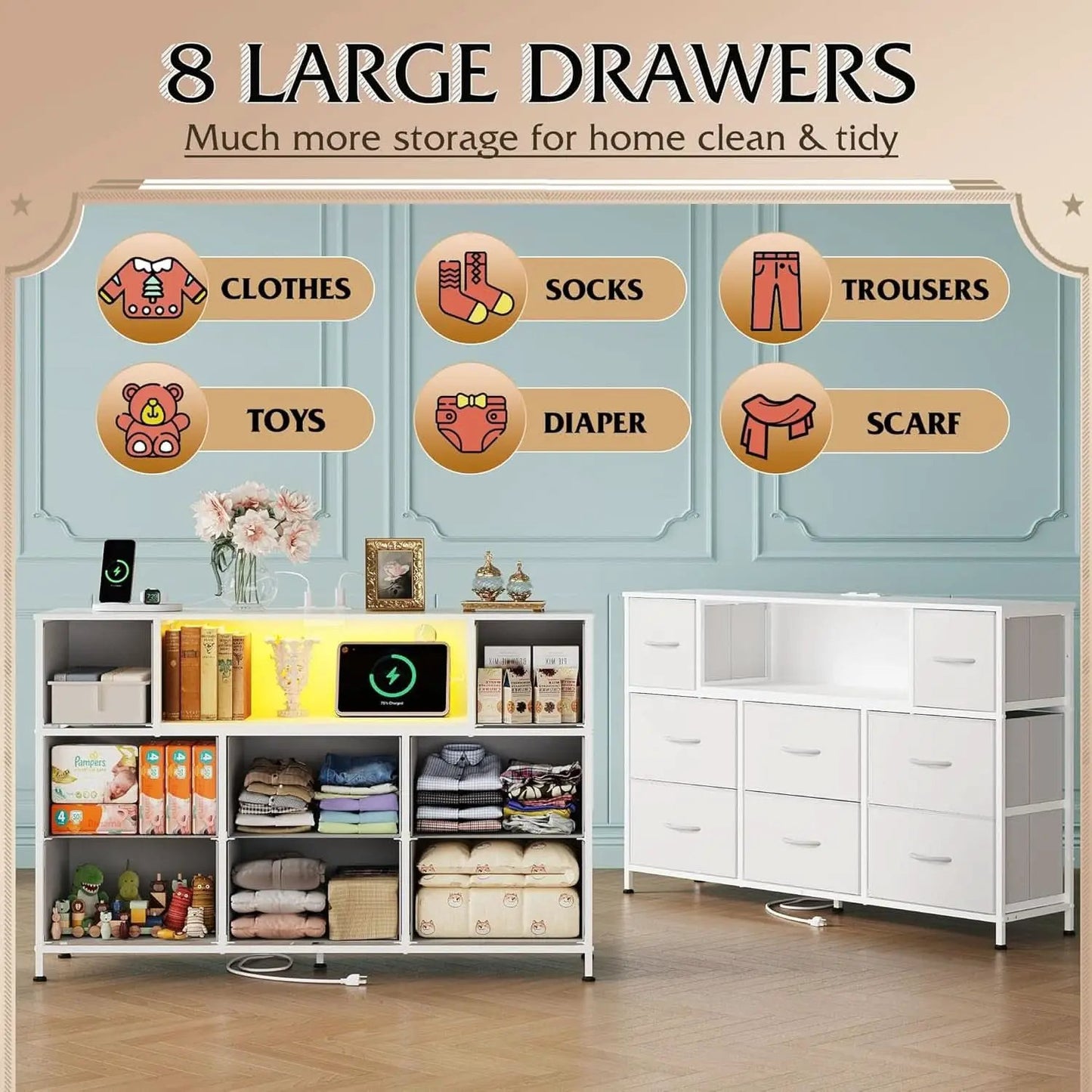 White Dresser TV Stand for 55 Inch TV with Charging Station LED Lights from PriceLows™