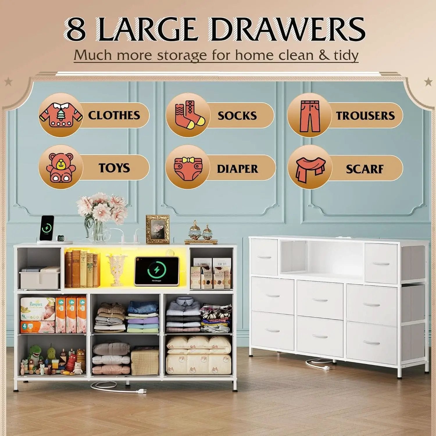 White Dresser TV Stand for 55 Inch TV with Charging Station LED Lights from PriceLows™