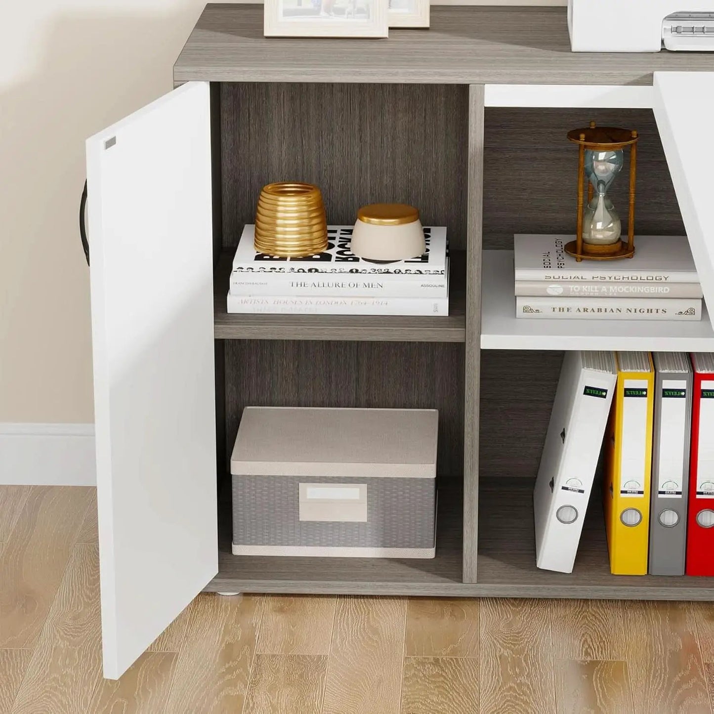 71 Inch Executive L Shaped Desk Cabinets Gray And White from PriceLows™