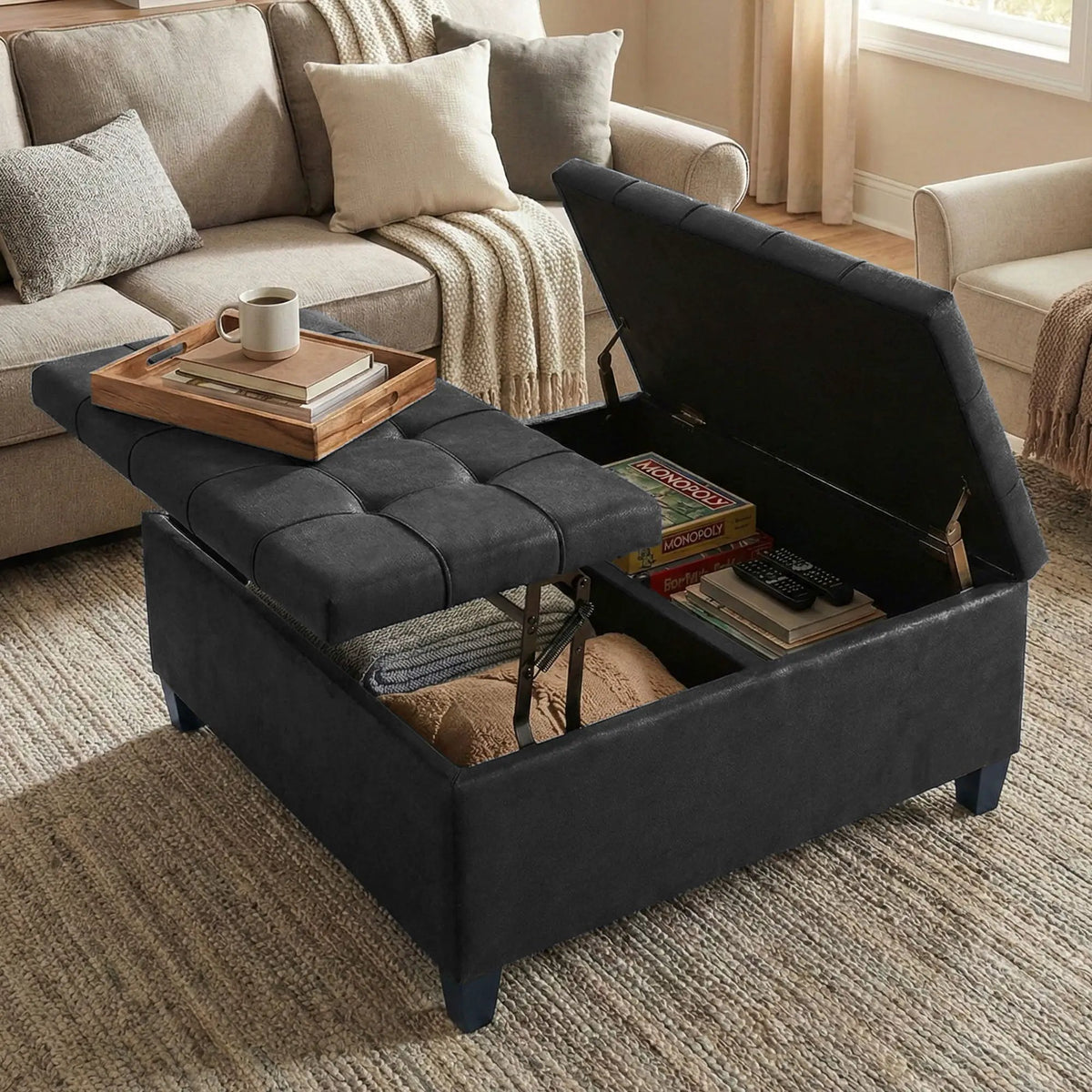 Coffee Table Storage Ottoman | Lift Top Hinge | Solid Wood Base | Large Square