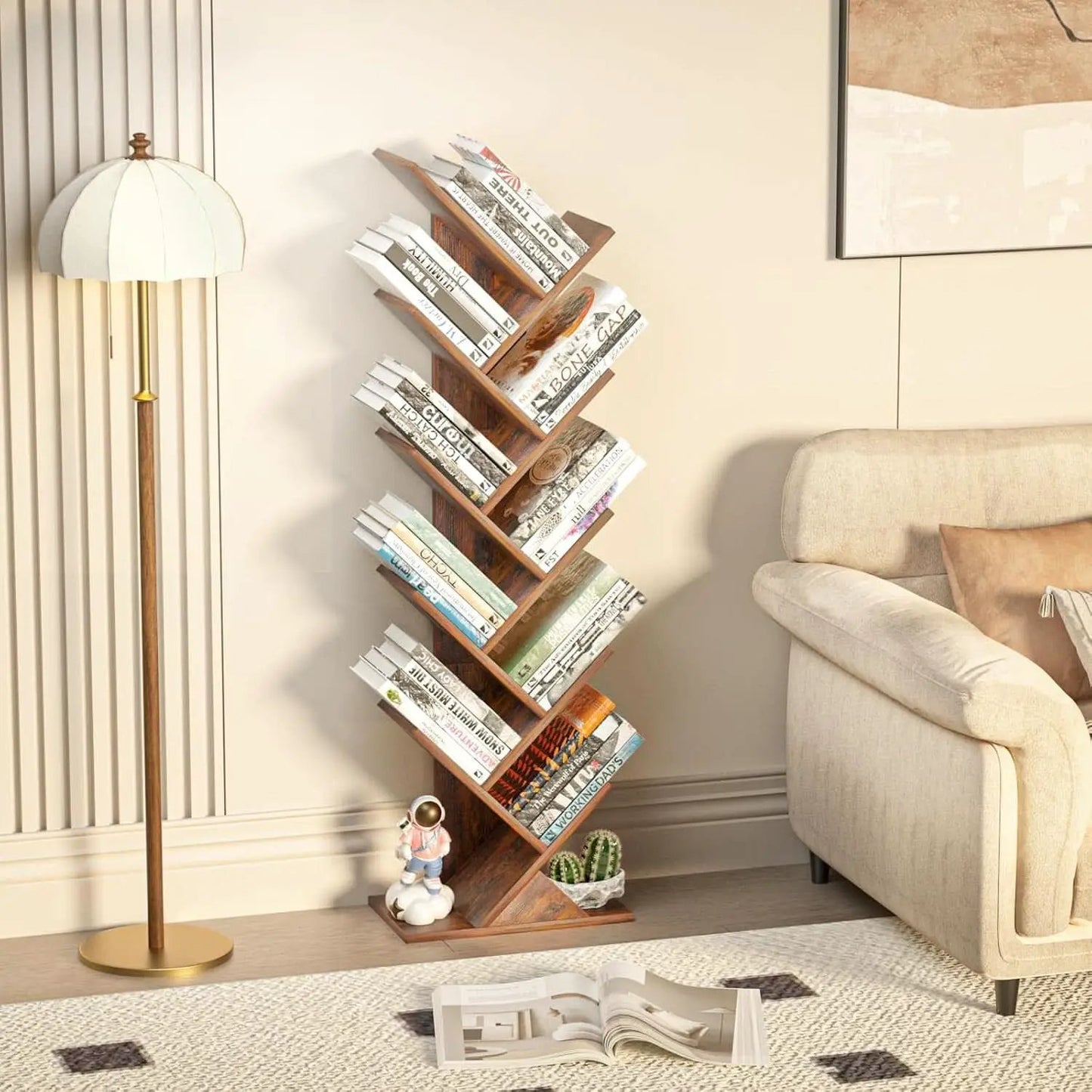 10 Tier Tree Bookshelf Brown Wood Floor Standing Bookcase For Living Room Decor Storage from PriceLows™