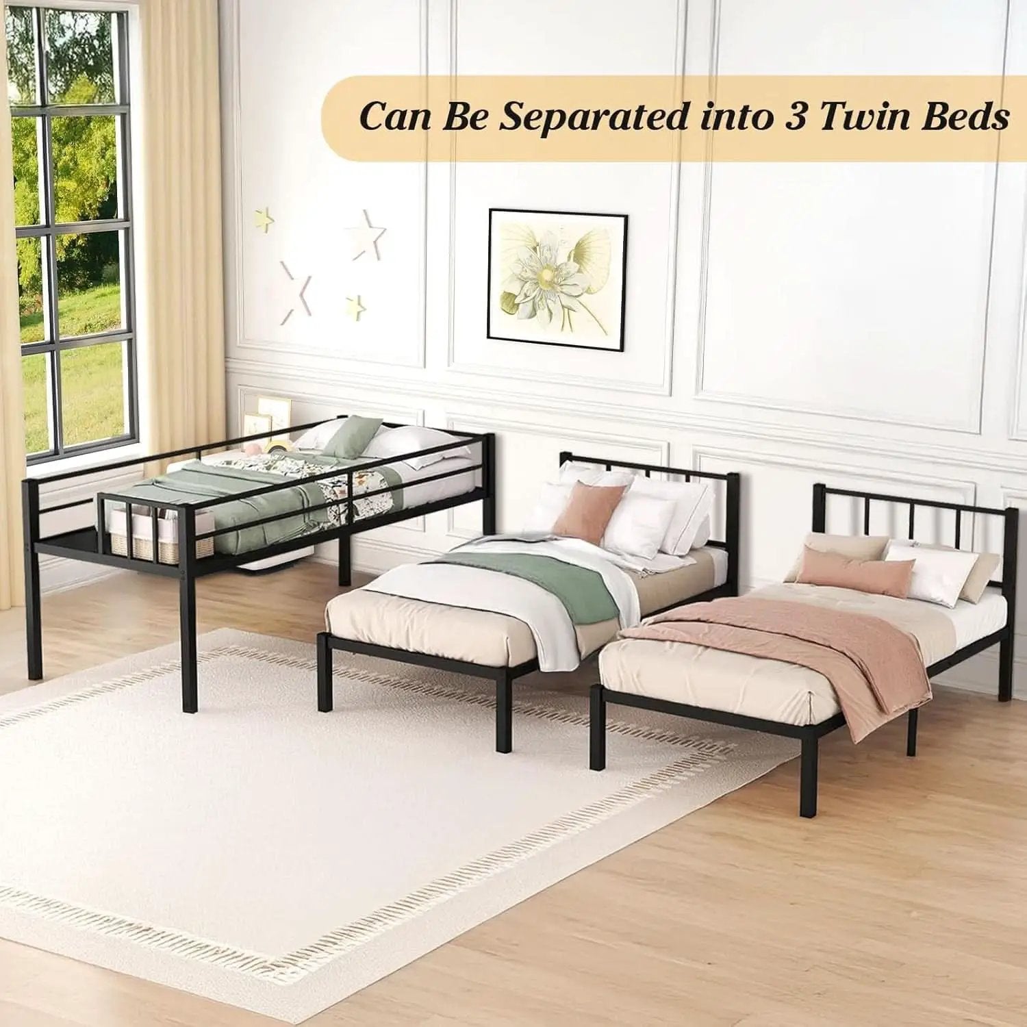 Triple Bunk Bed For 3 With Guardrails And Integrated Ladder from PriceLows™