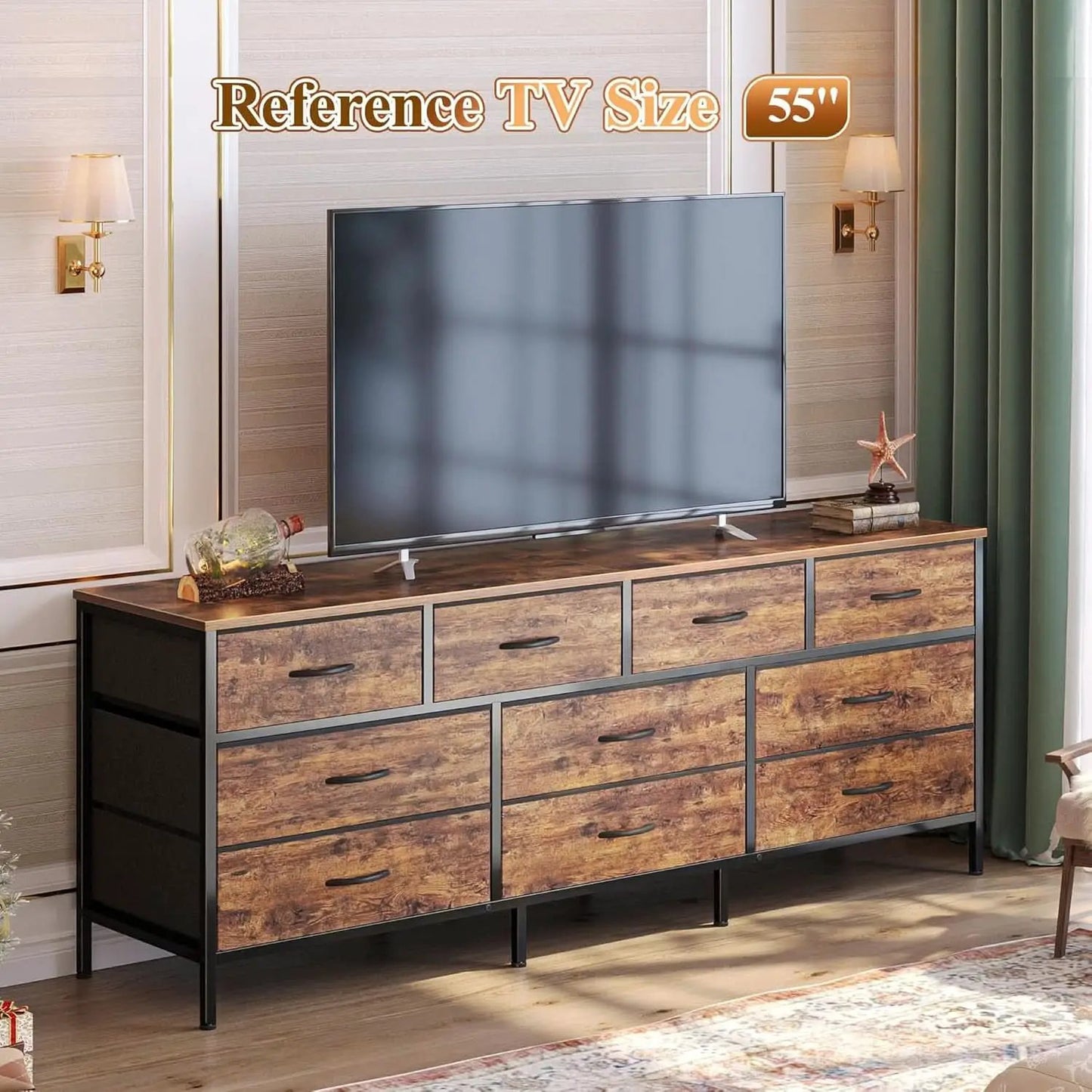 63 Inch Dresser With Durable Fabric Drawers In Rustic Brown from PriceLows™