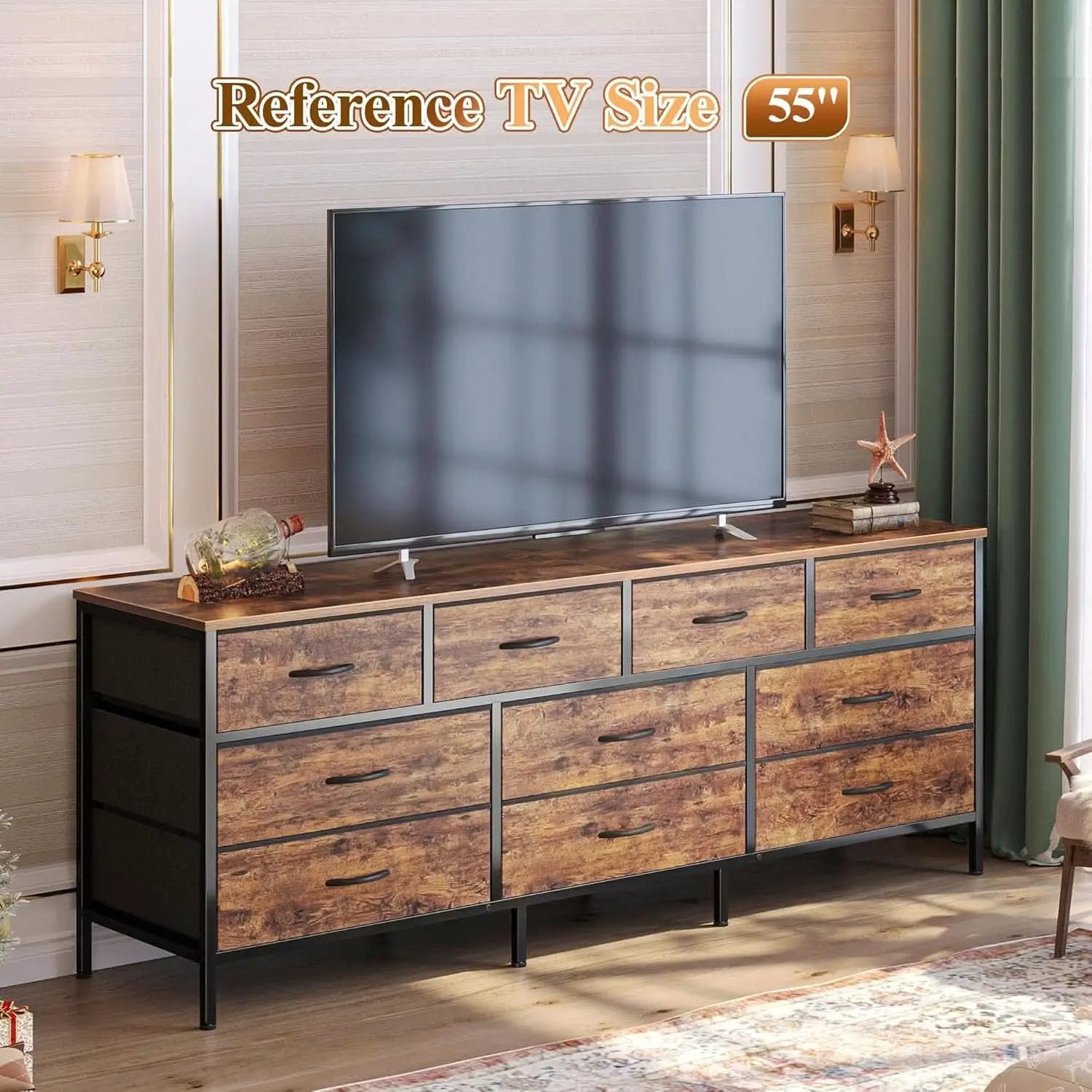 63 Inch Dresser With Durable Fabric Drawers In Rustic Brown from PriceLows™