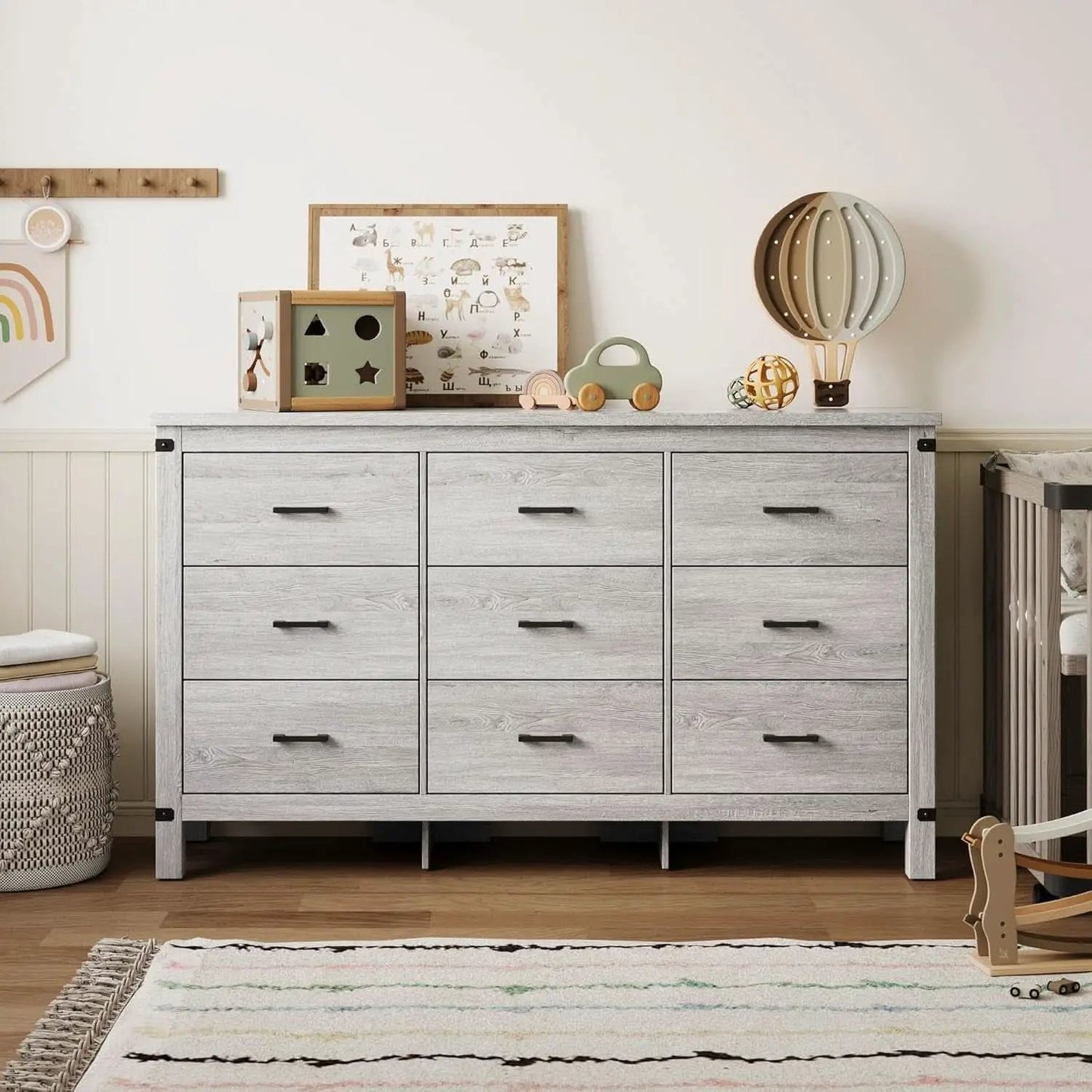 59 Inch Washed Grey Modern Farmhouse DresserWithNineDrawers from PriceLows™