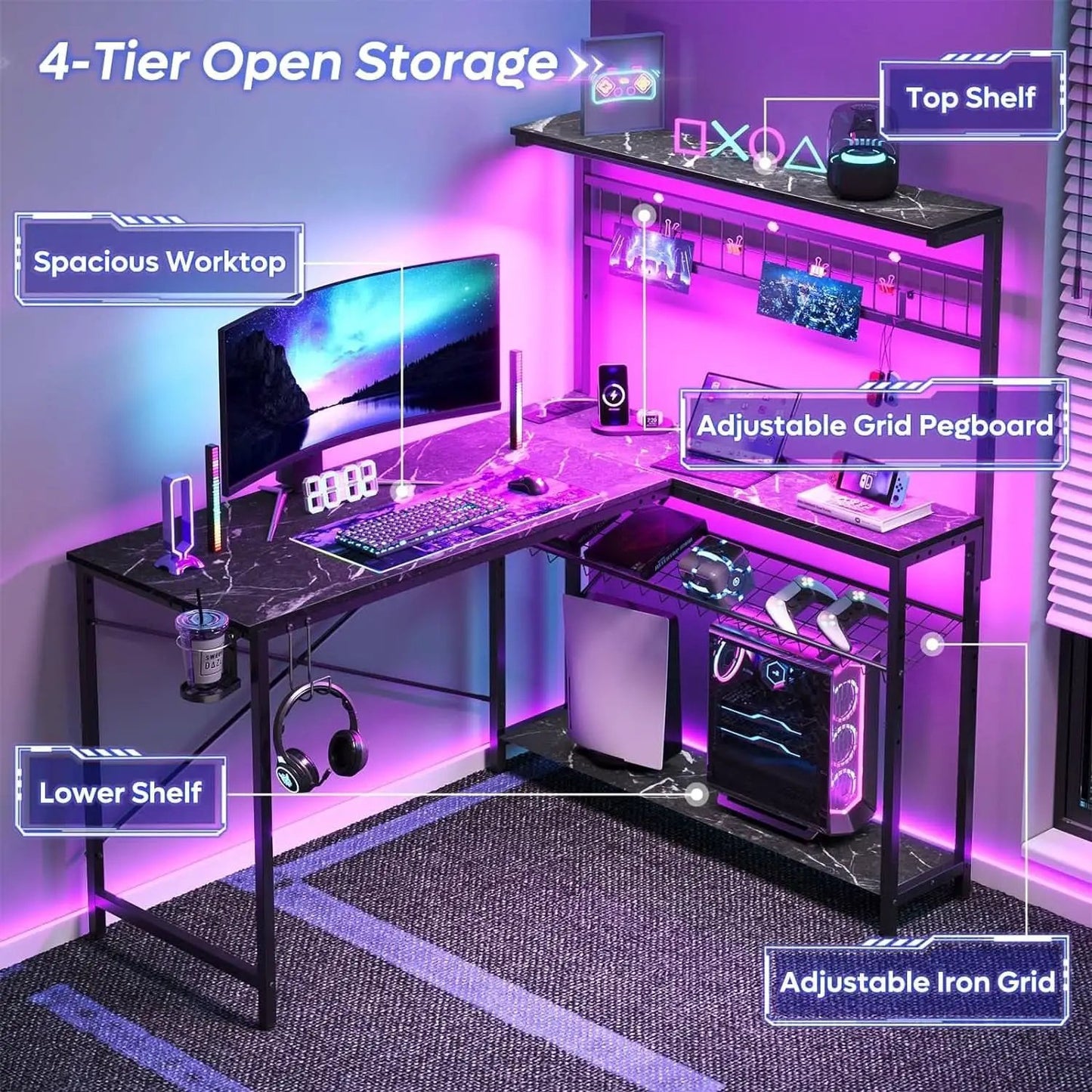 51 Inch L Shaped Gaming Desk With LED Lights 4 Tier Shelves from PriceLows™