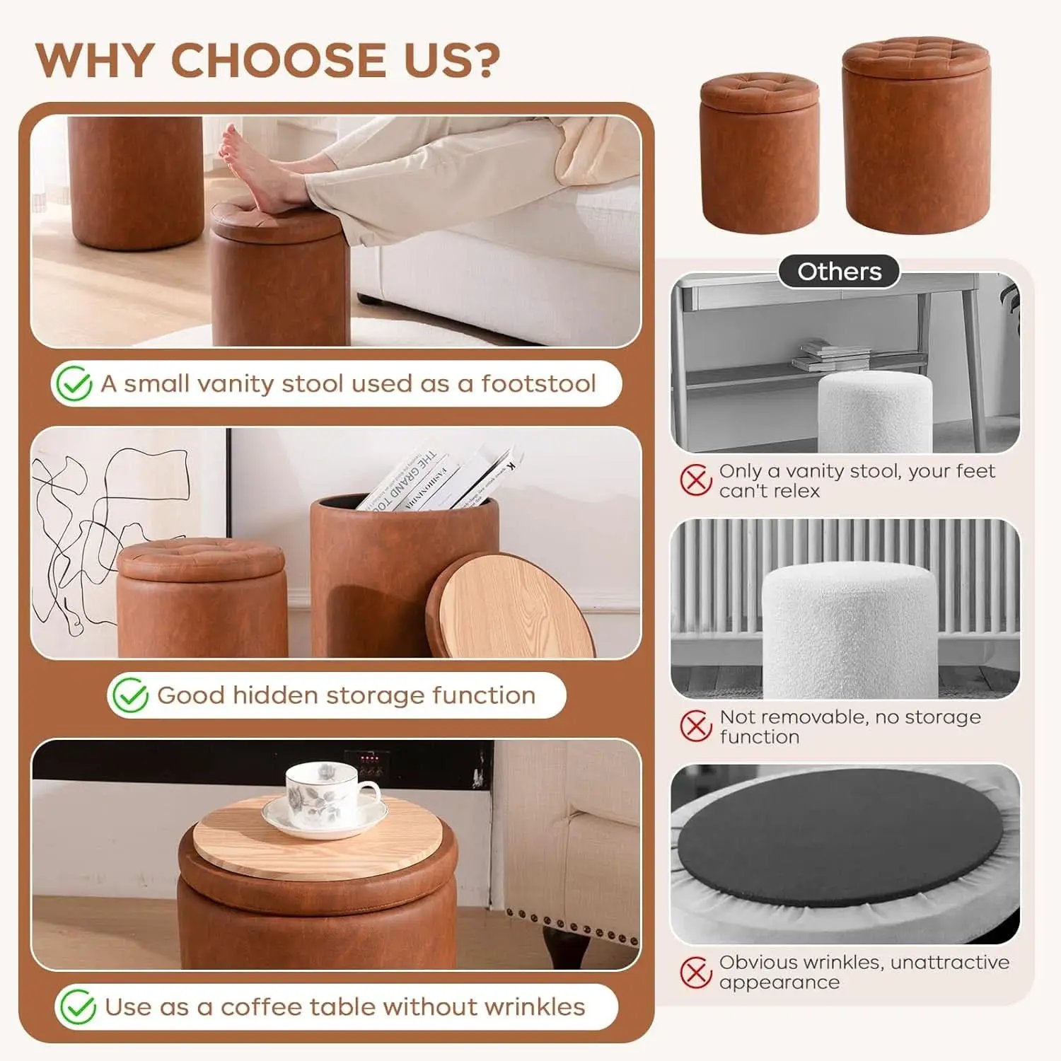 Dark Brown Faux Leather Round Storage Ottoman from PriceLows™