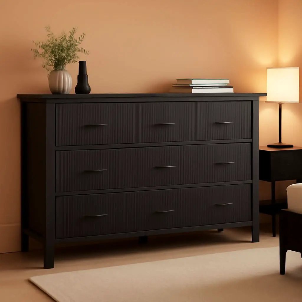 Fluted Contemporary White Dresser With Black Handles from PriceLows™