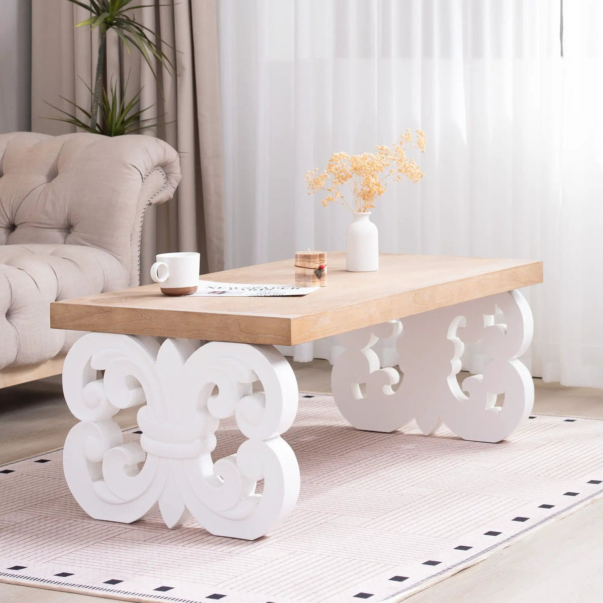 Farmhouse Coffee Table | Ornate Scroll Base | Natural Wood Top | Intricately Carved