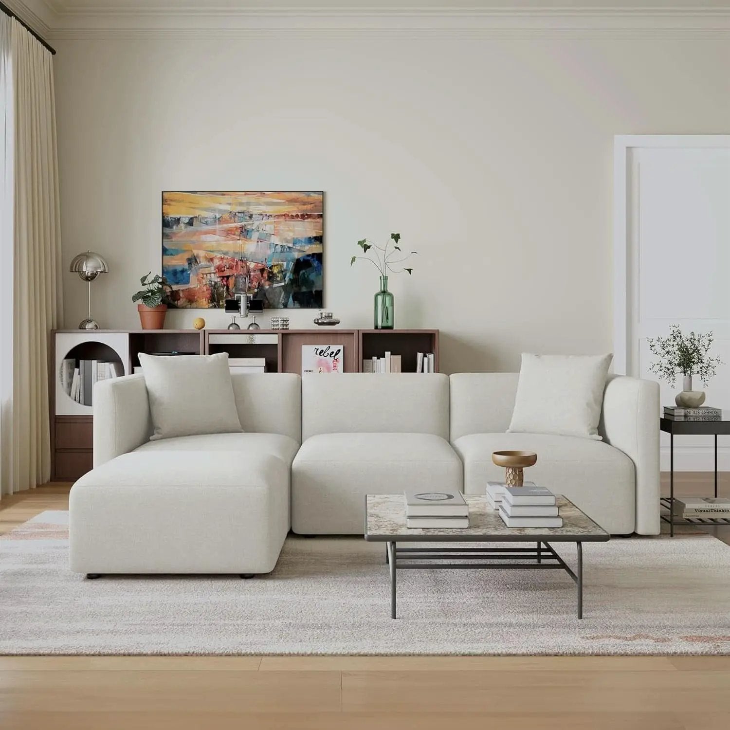 L Shaped Convertible Modular Sectional Sofa Cream Chaise from PriceLows™