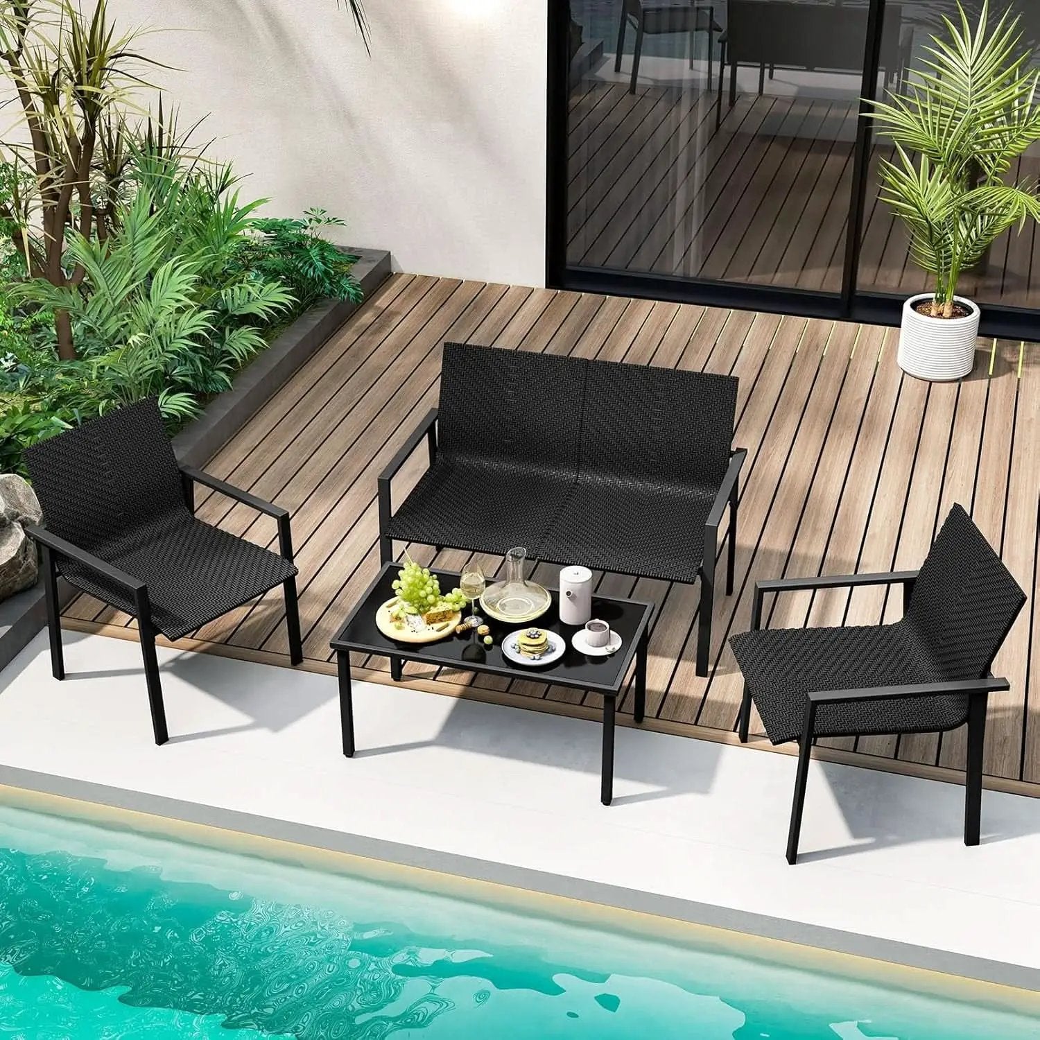 4 Piece Wicker Patio Conversation Set Black Coffee Table from PriceLows™