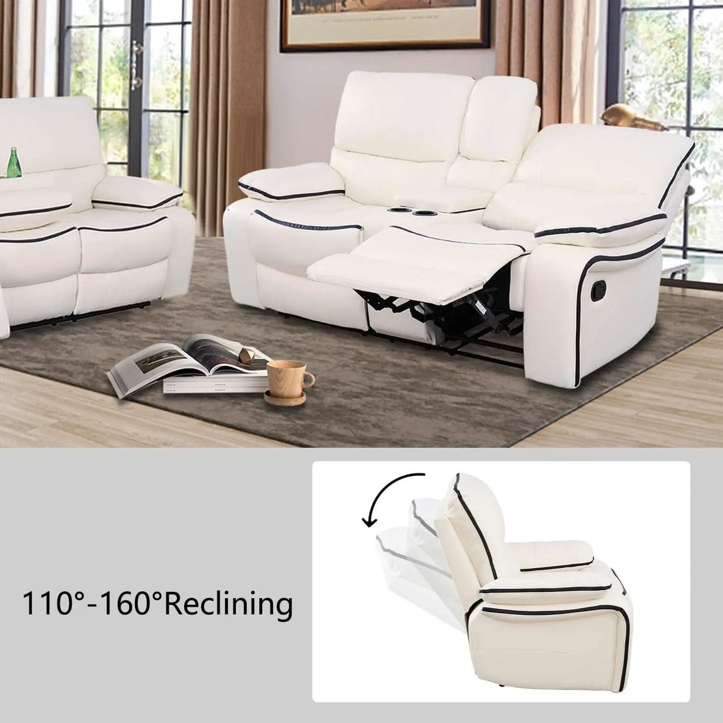 Cream White Bonded Leather Recliner Sofa Set With Manual Recliner from PriceLows™