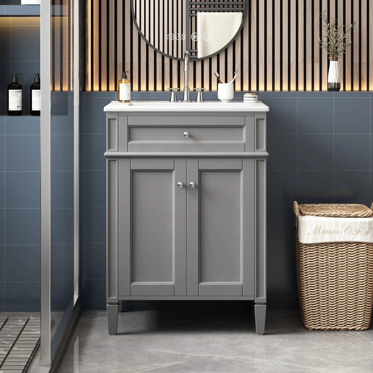 24 Inch Bathroom Vanity | 2 Doors | Tip Out Drawer | Soft Closing Hinges