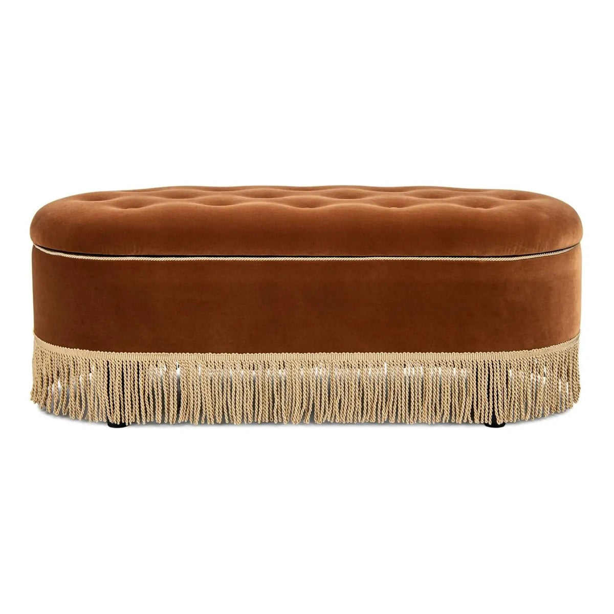 Melinda Oval Storage Bench | Button Tufted Seat | Bullion Fringe | Flip-Top Compartment