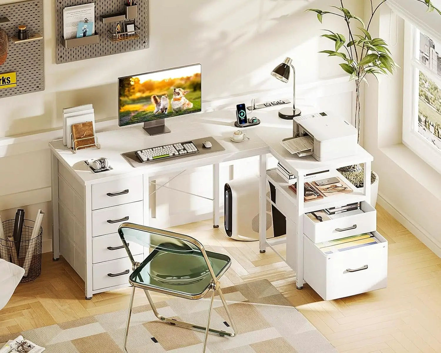 L Shaped Computer Desk 6 Drawers Power Outlet 55In White from PriceLows™