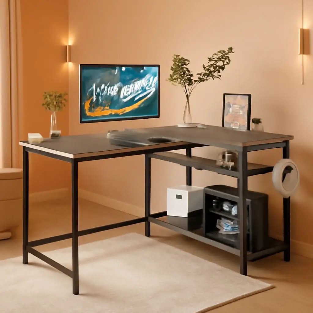 43 Inch L Shaped Desk With Reversible Shelves Espresso Gray from PriceLows™