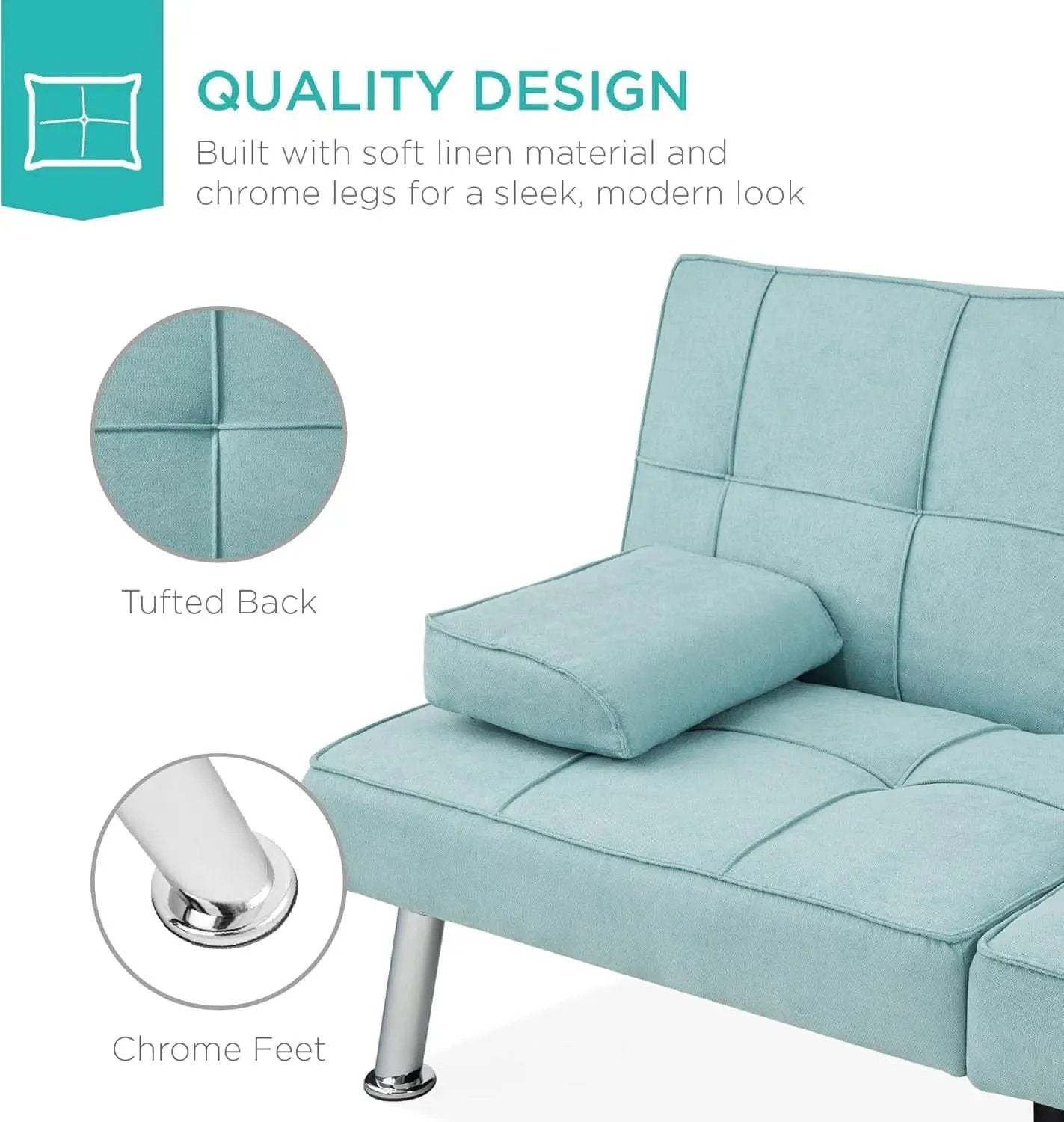 Linen Folding Futon Sofa Bed Aqua With Removable Armrests from PriceLows™