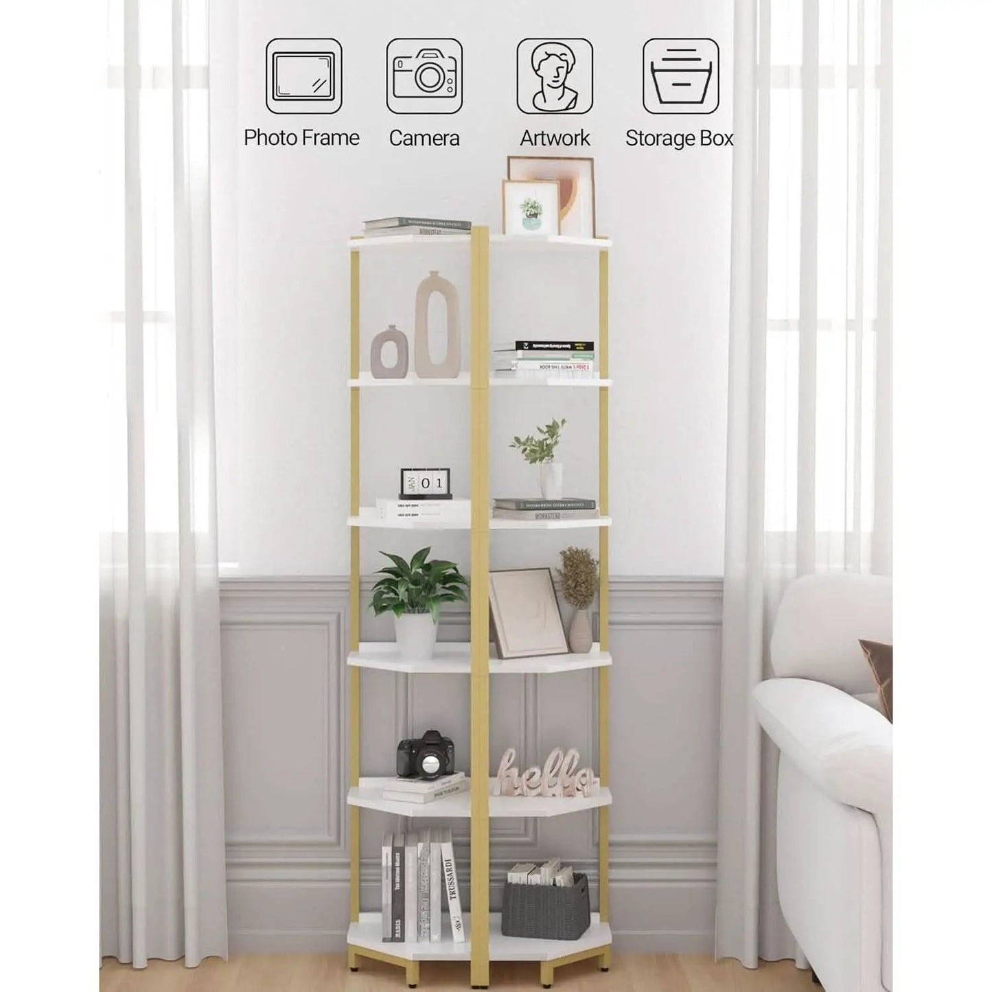 6-Tier Corner Shelf Stand White Gold Finish For Living Room from PriceLows™