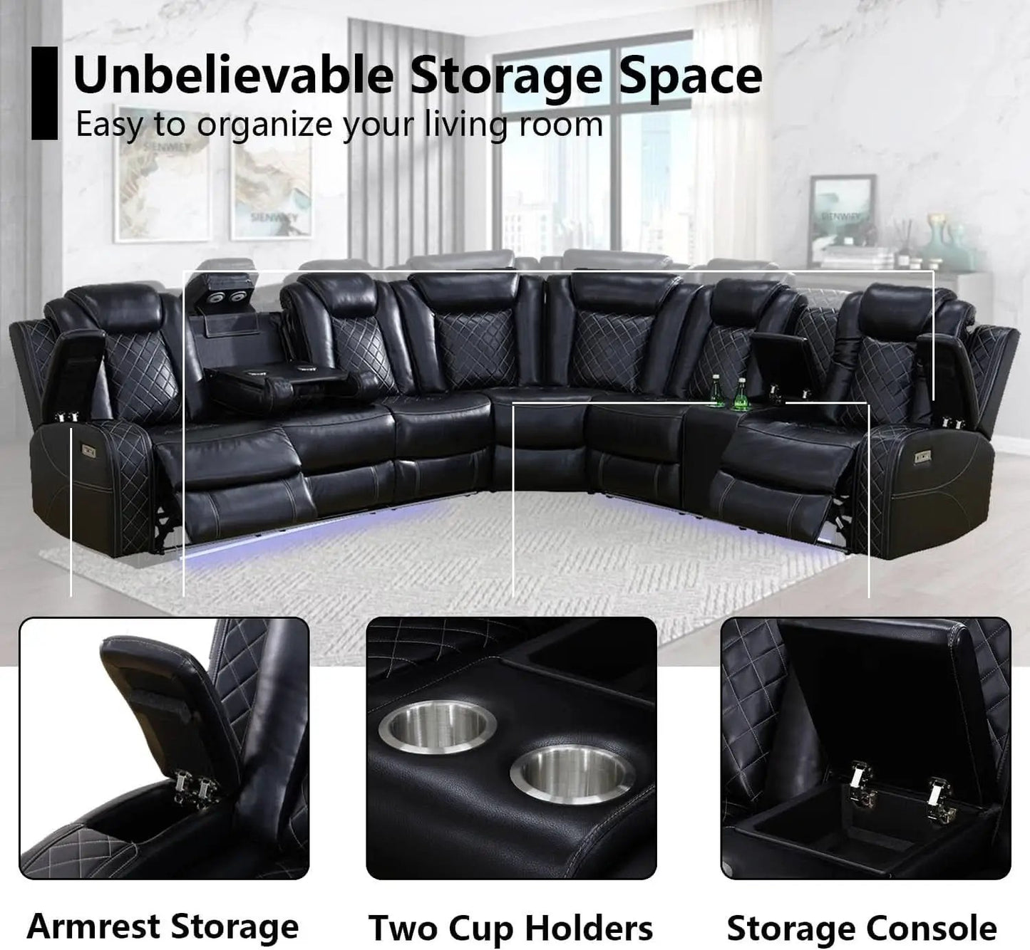 Black Leather Power Reclining Sectional Sofa Living Room from PriceLows™