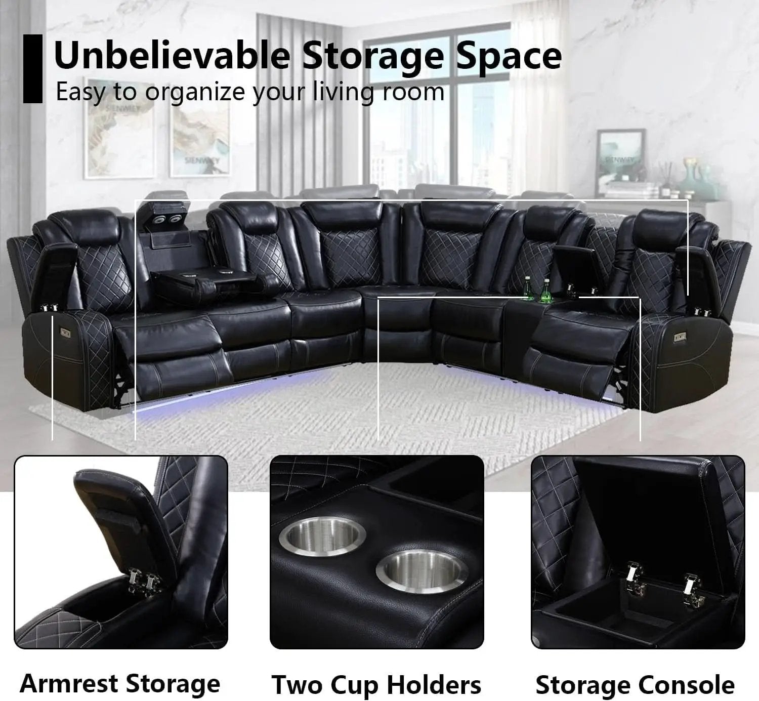 Black Leather Power Reclining Sectional Sofa Living Room from PriceLows™