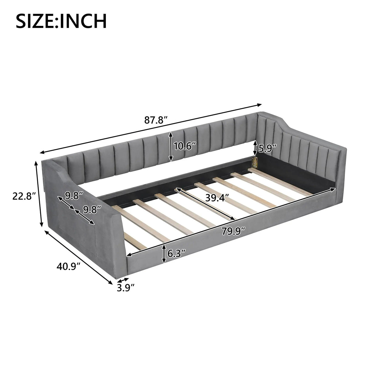 Compact Daybed | Side Storage Pocket | Vertical Stripe Upholstery | 87.8 Inch Length