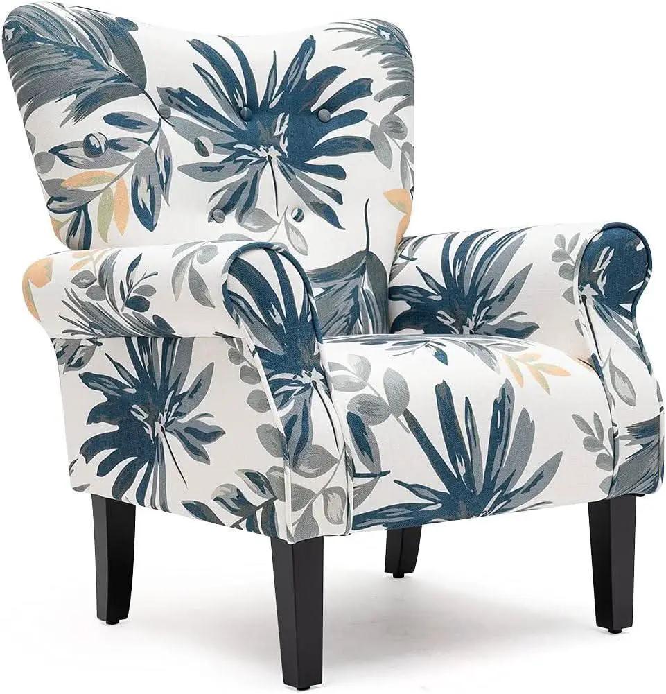 Blue Tufted Armchair With Linen Upholstery And Wood Legs from PriceLows™