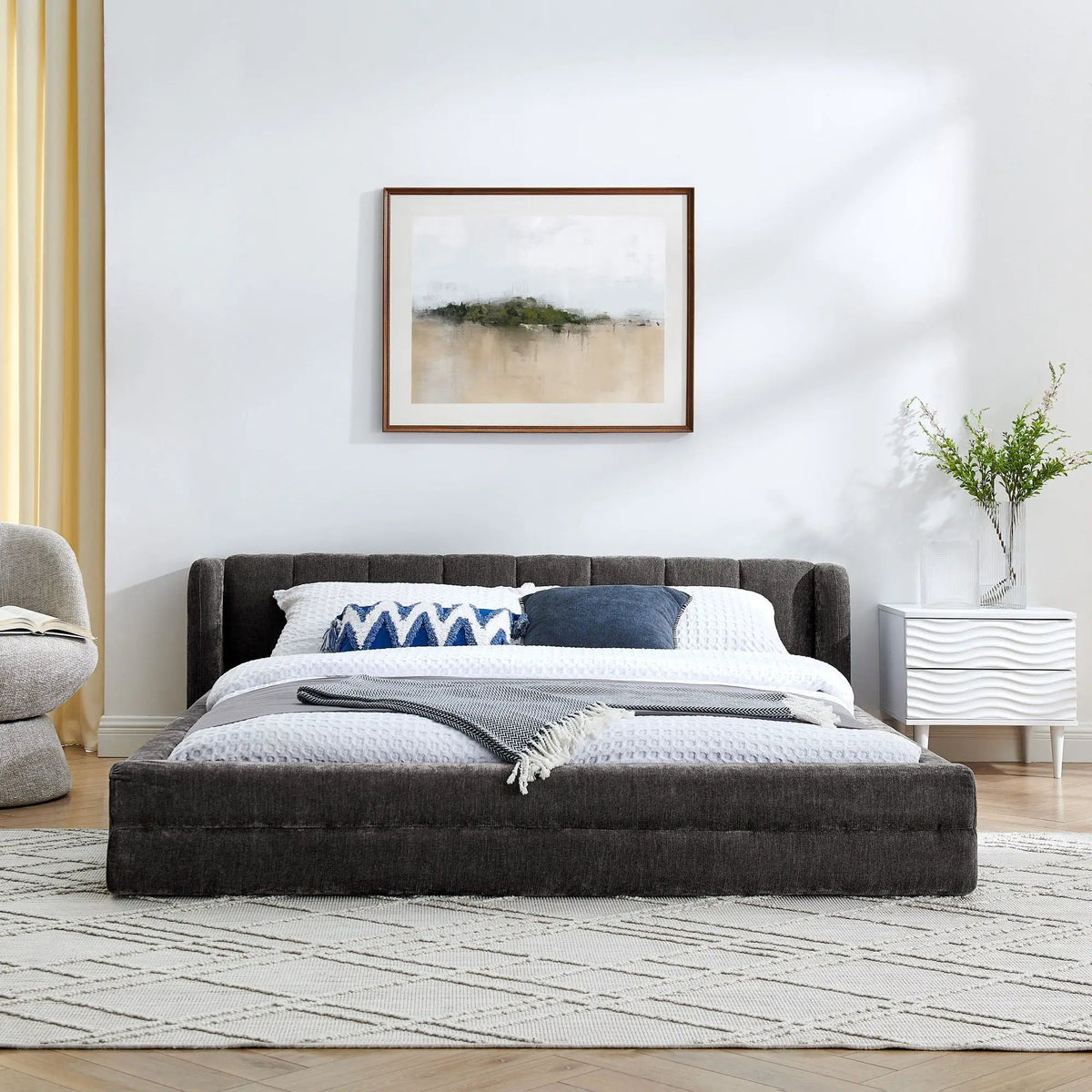 Modern Upholstered Bed Frame | Queen Size | Thick Fabric Upholstery | Grounded Headboard Design