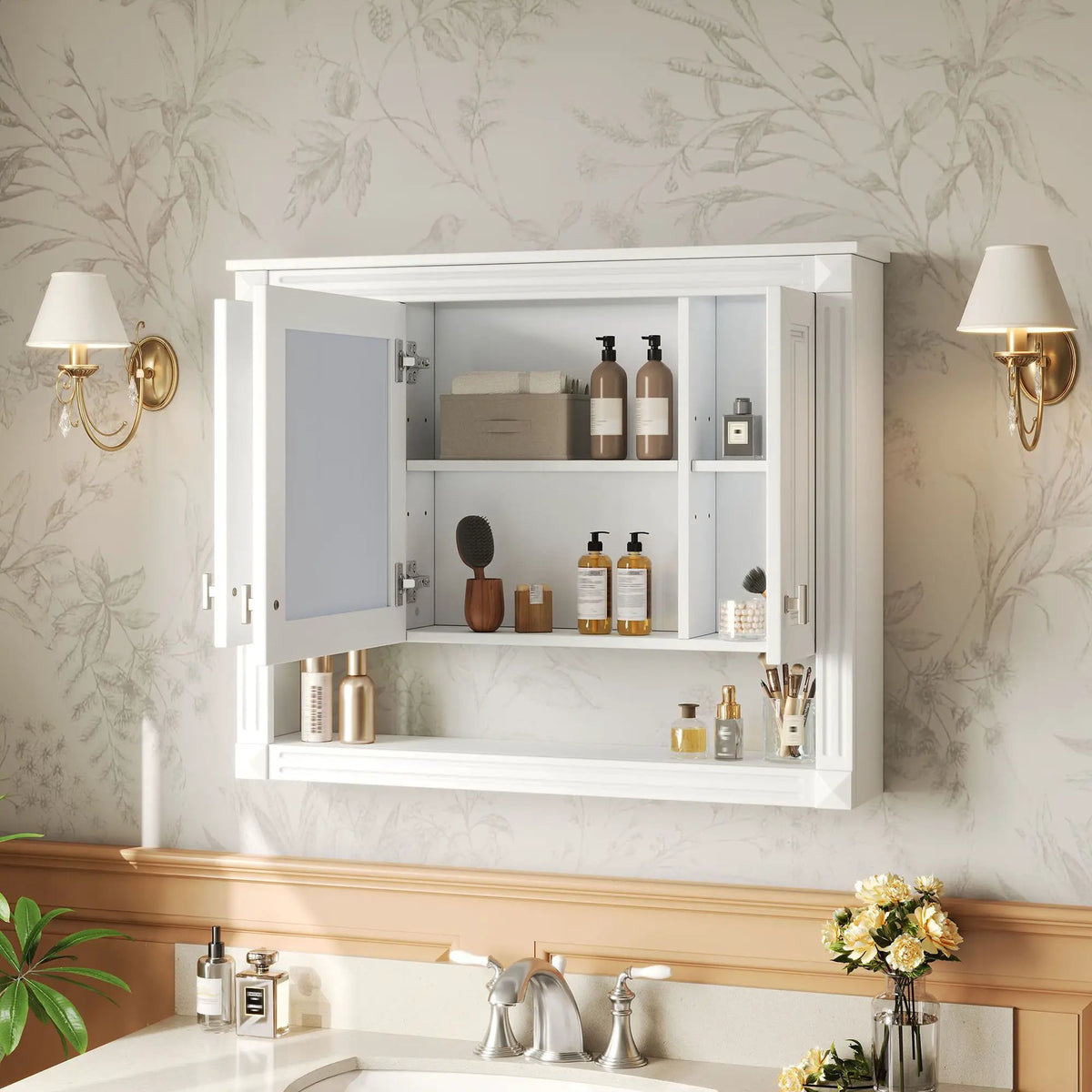 White Wall-Mounted Bathroom Cabinet | Mirror | Open Shelf | 35 Inch Width
