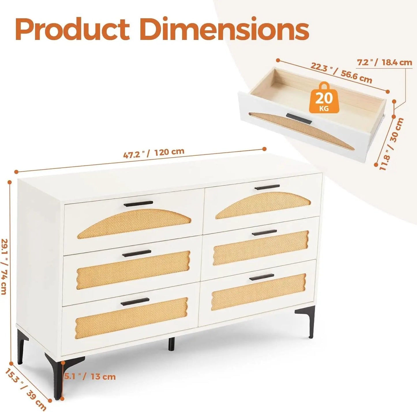 Six Drawer White Dresser With Industrial Steel Base from PriceLows™
