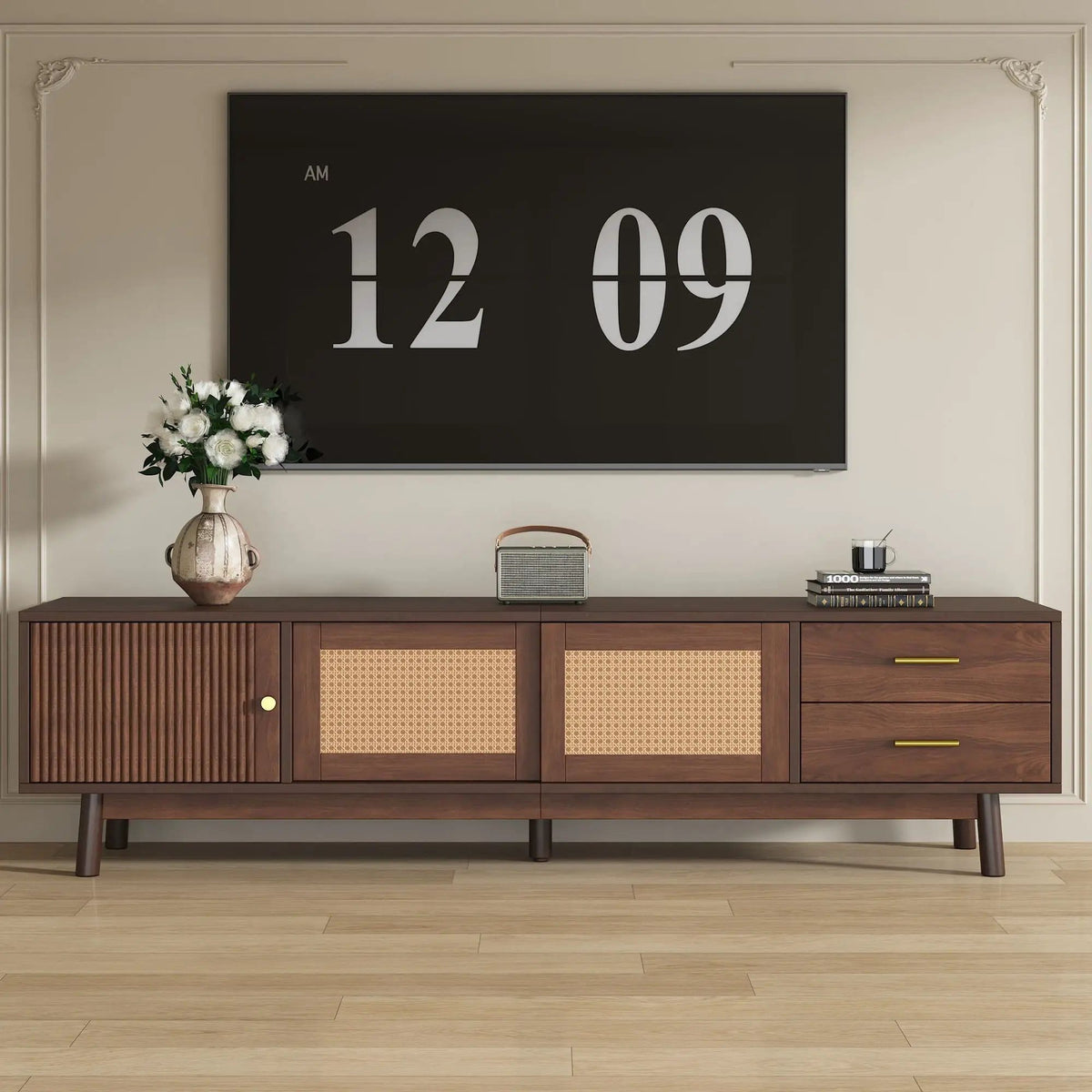80 Inch TV Stand | Sliding Doors And Drawers | Interwoven Rattan Design | Metal Handles